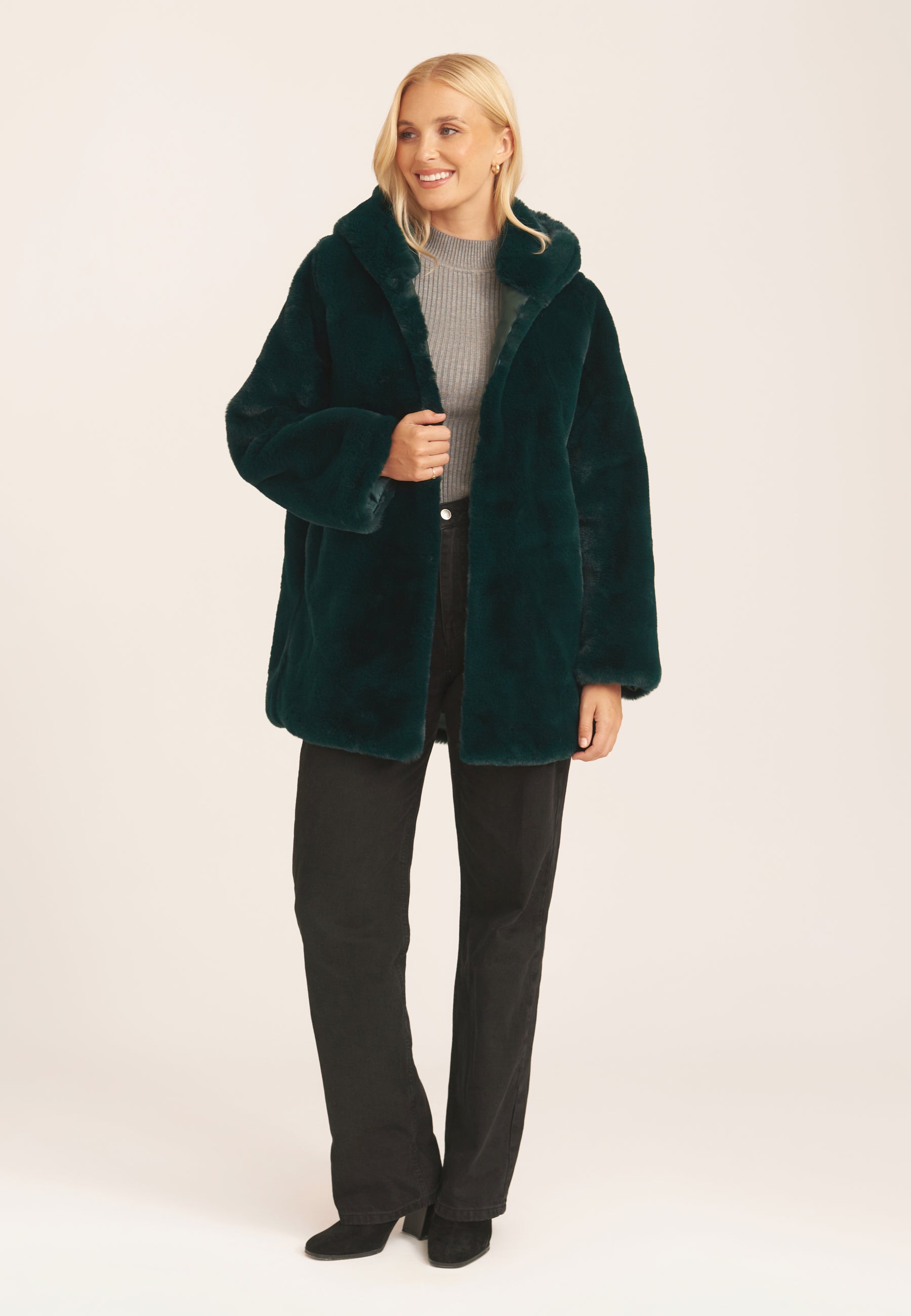 Stone Hooded Faux Fur Jacket - Gini London | SilkFred UAE