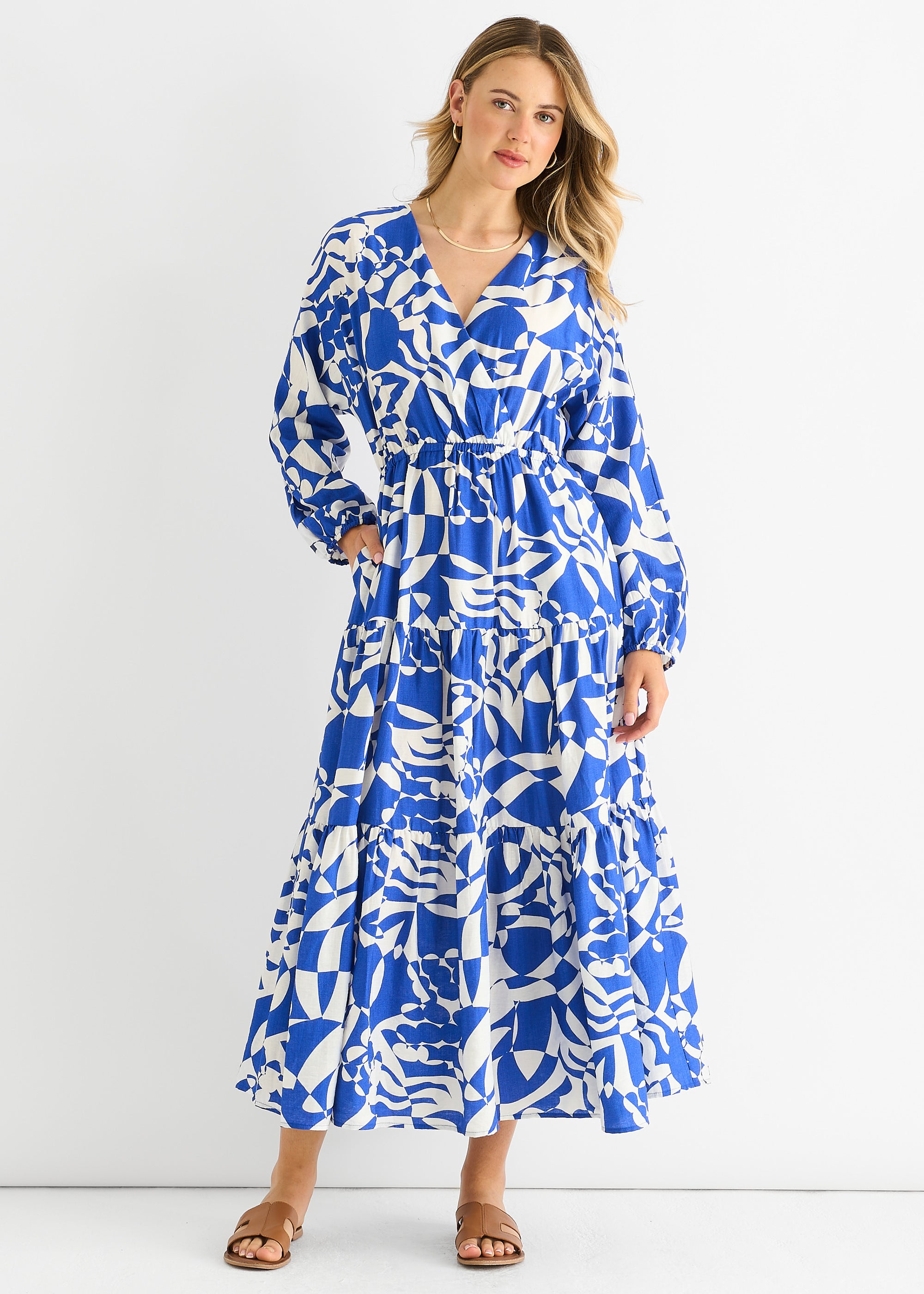 Blue Abstract Wrap Elasticated Waist Midaxi Dress – Gini London