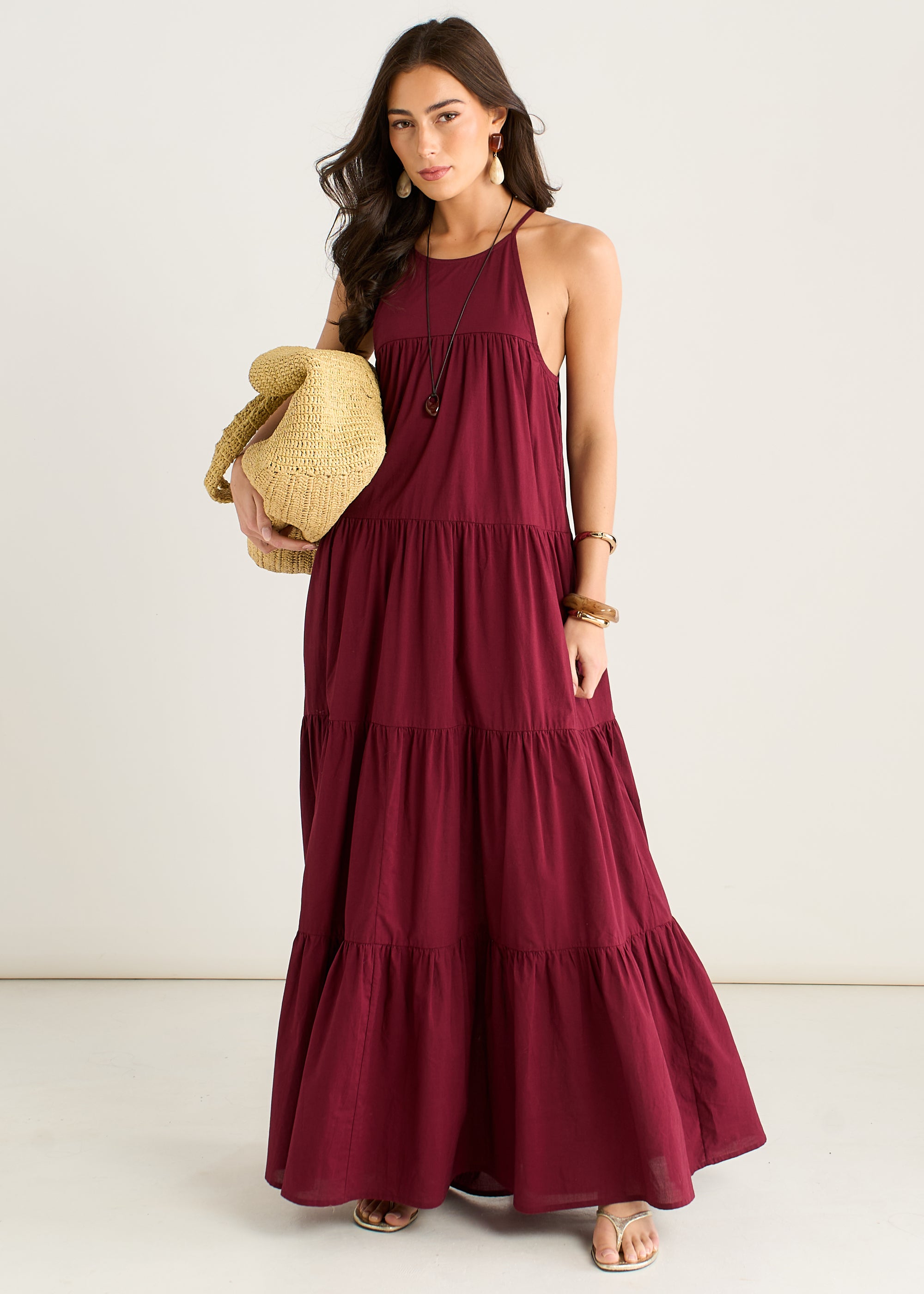 Mulberry Tiered Halter Maxi Trapeze Dress  Gini London