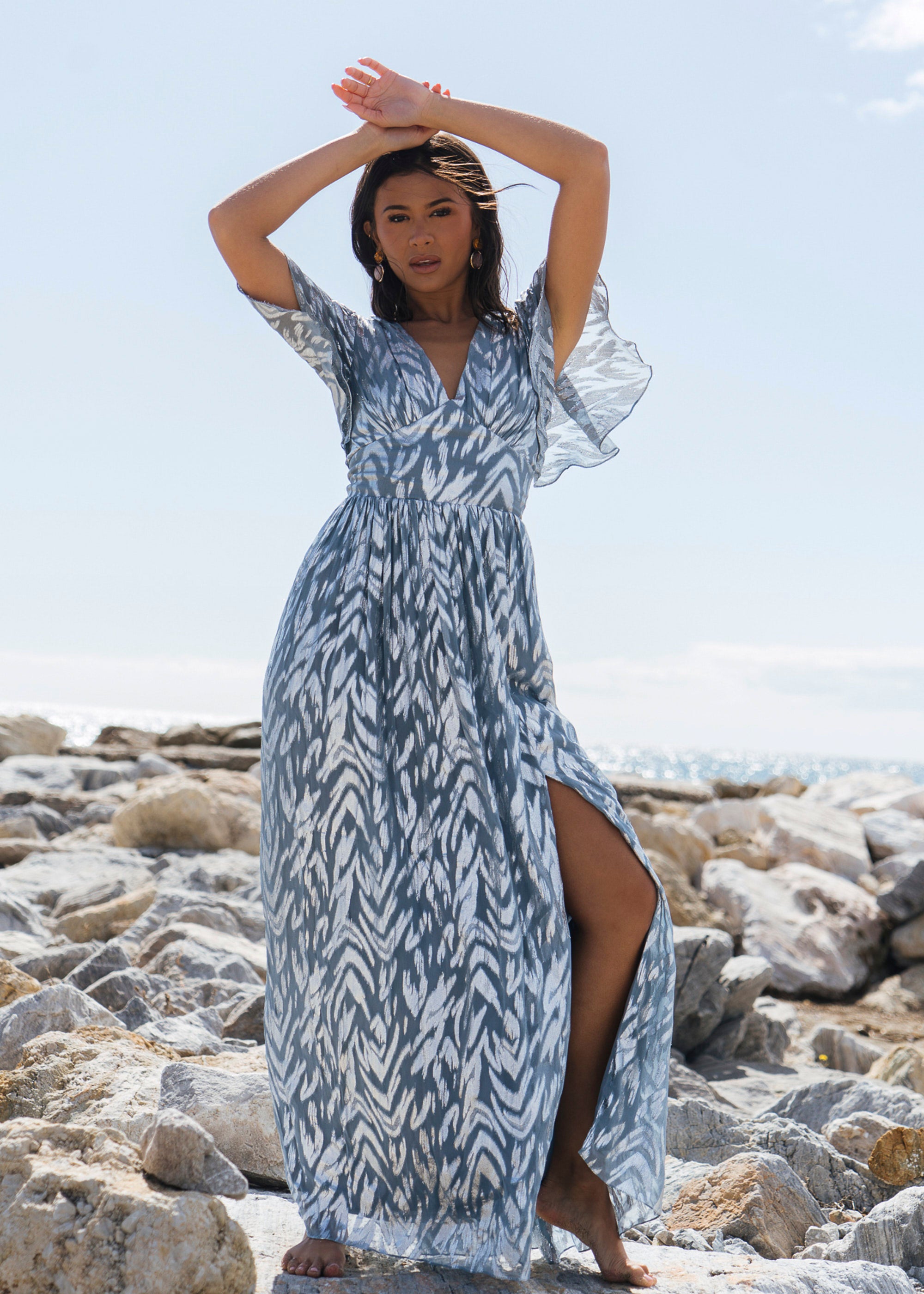 Blue Foil Metallic Print Short Sleeves Maxi Dress Gini London Blue Foil Metallic Print Short Sleeves Maxi Dress Gini London