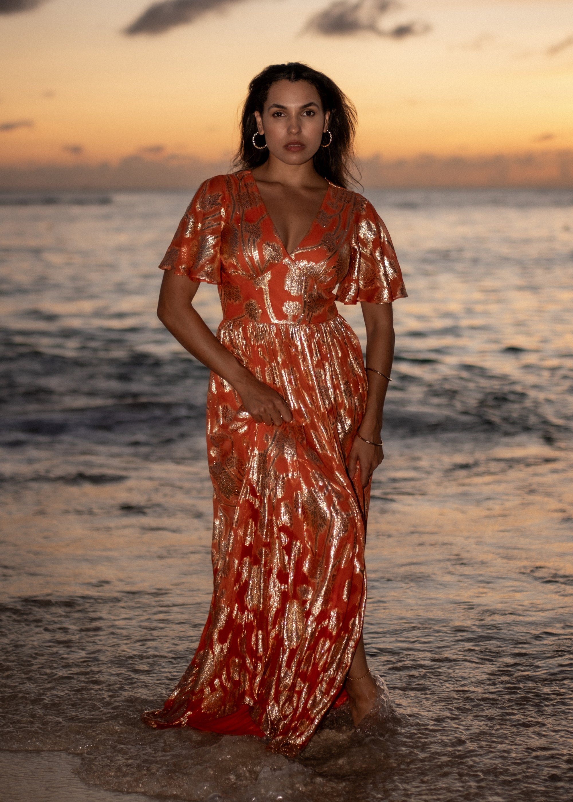 Orange Metallic Jacquard Flutter Sleeves Floral Maxi Dress – Gini