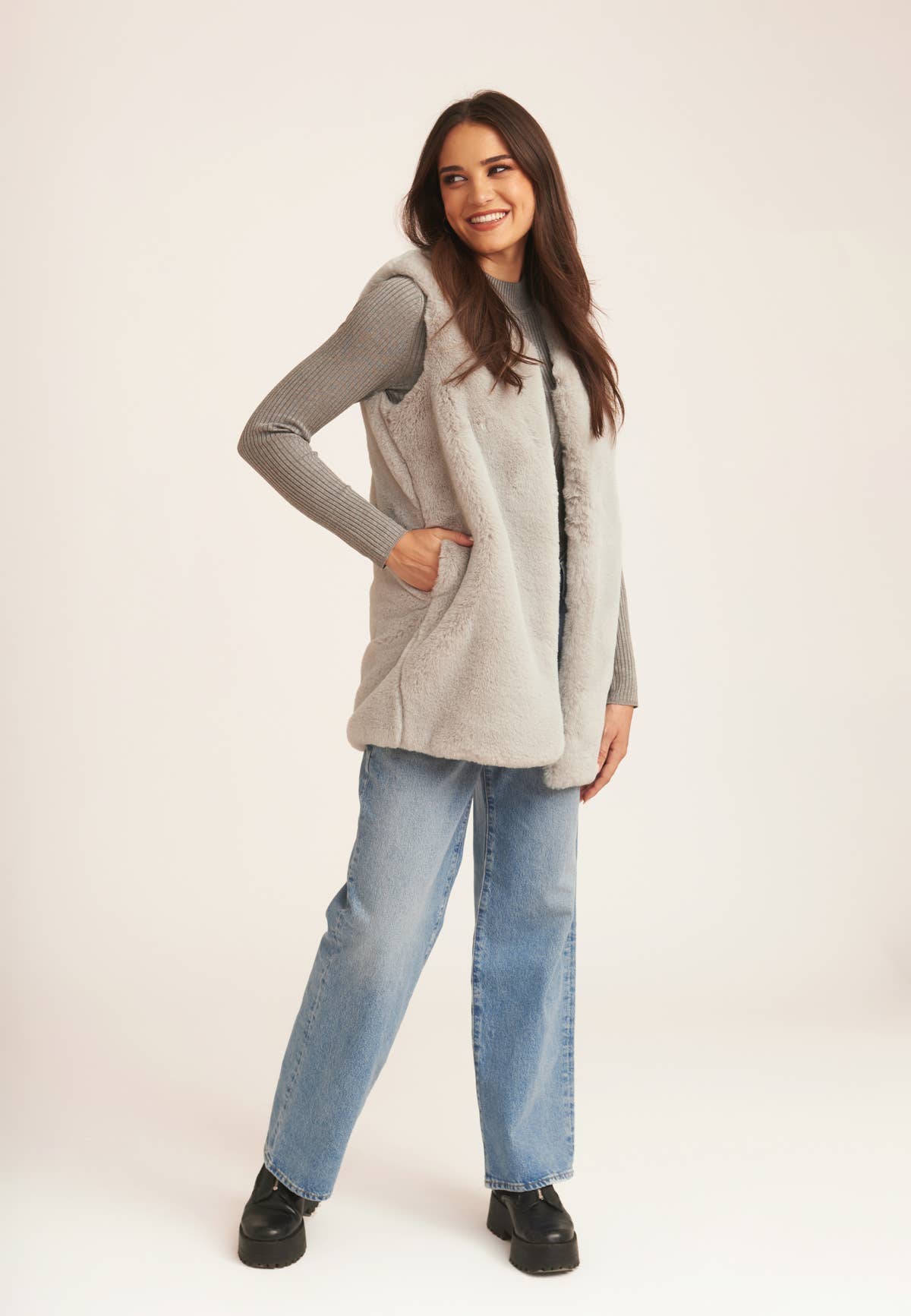 Silver No Cut Faux Gilet Fur Sleeveless Jacket – View 1 | Gini London
