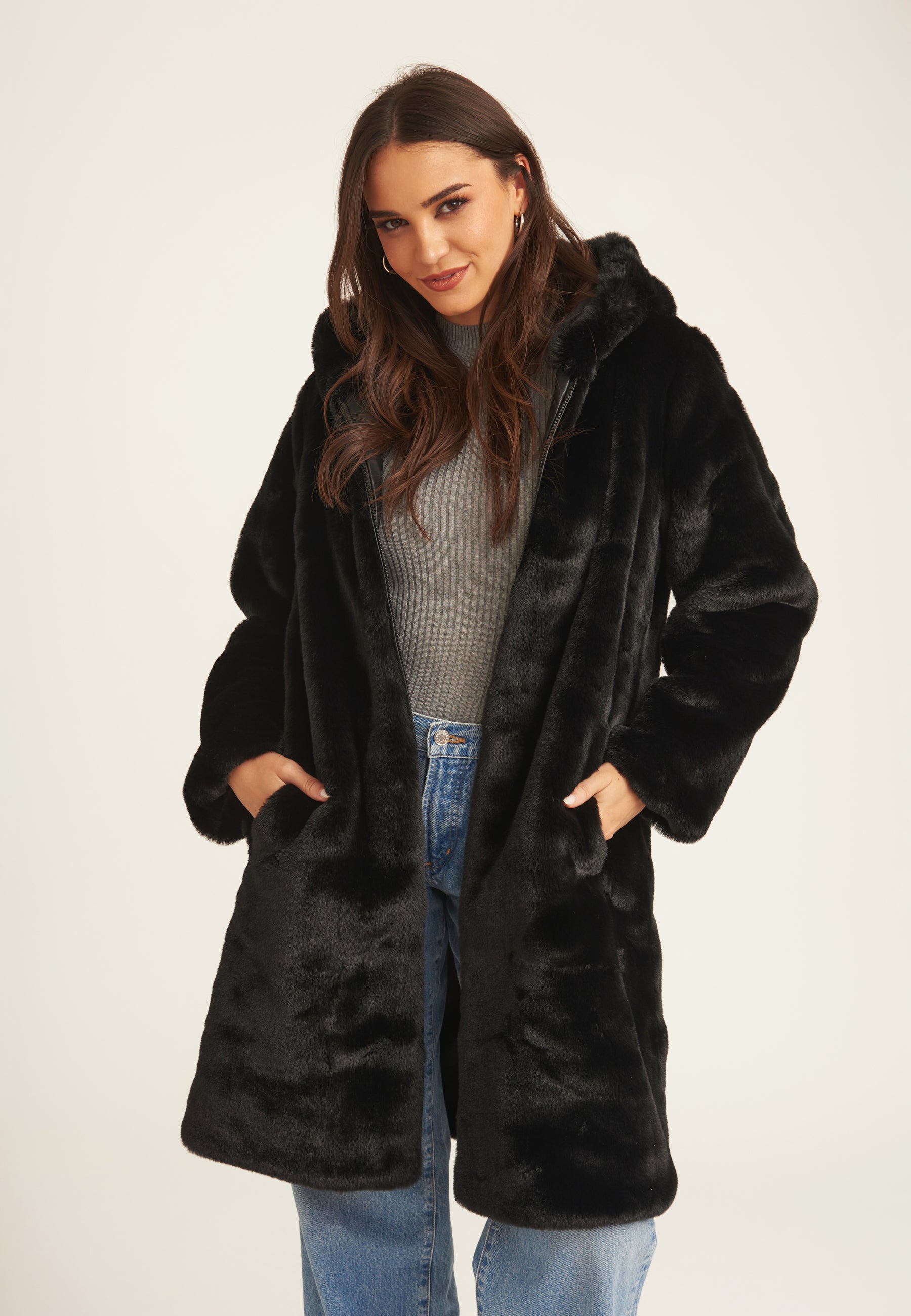 Black Faux Fur Hooded Longline Coat – Gini London