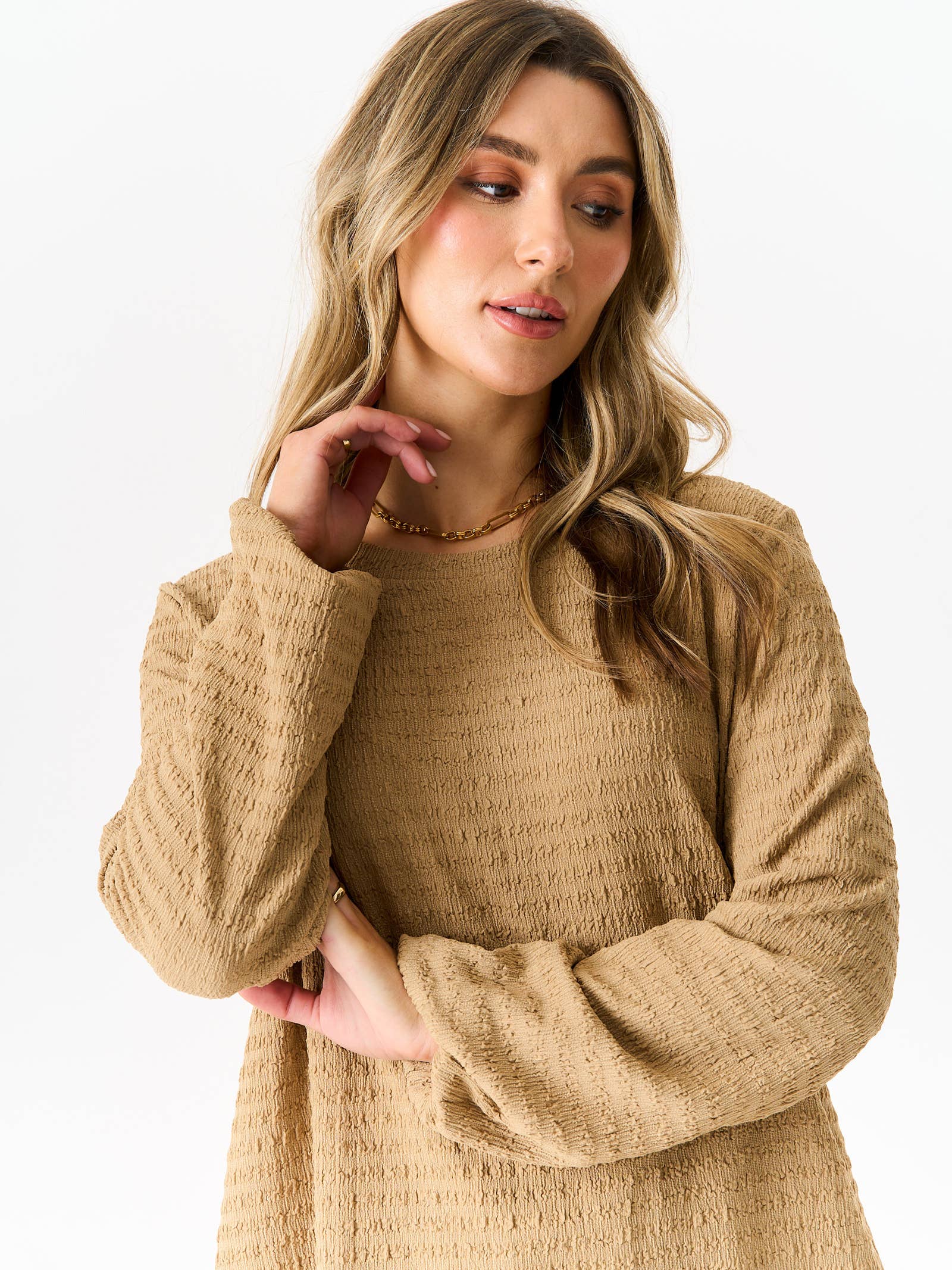 Camel Textured Long Sleeve Oversized Top