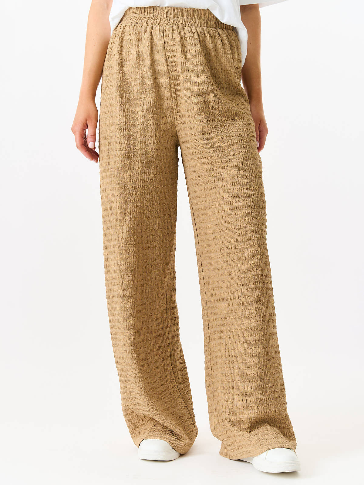 Camel Textured Elastic Waist Pull On Trousers – View 2 | Gini London