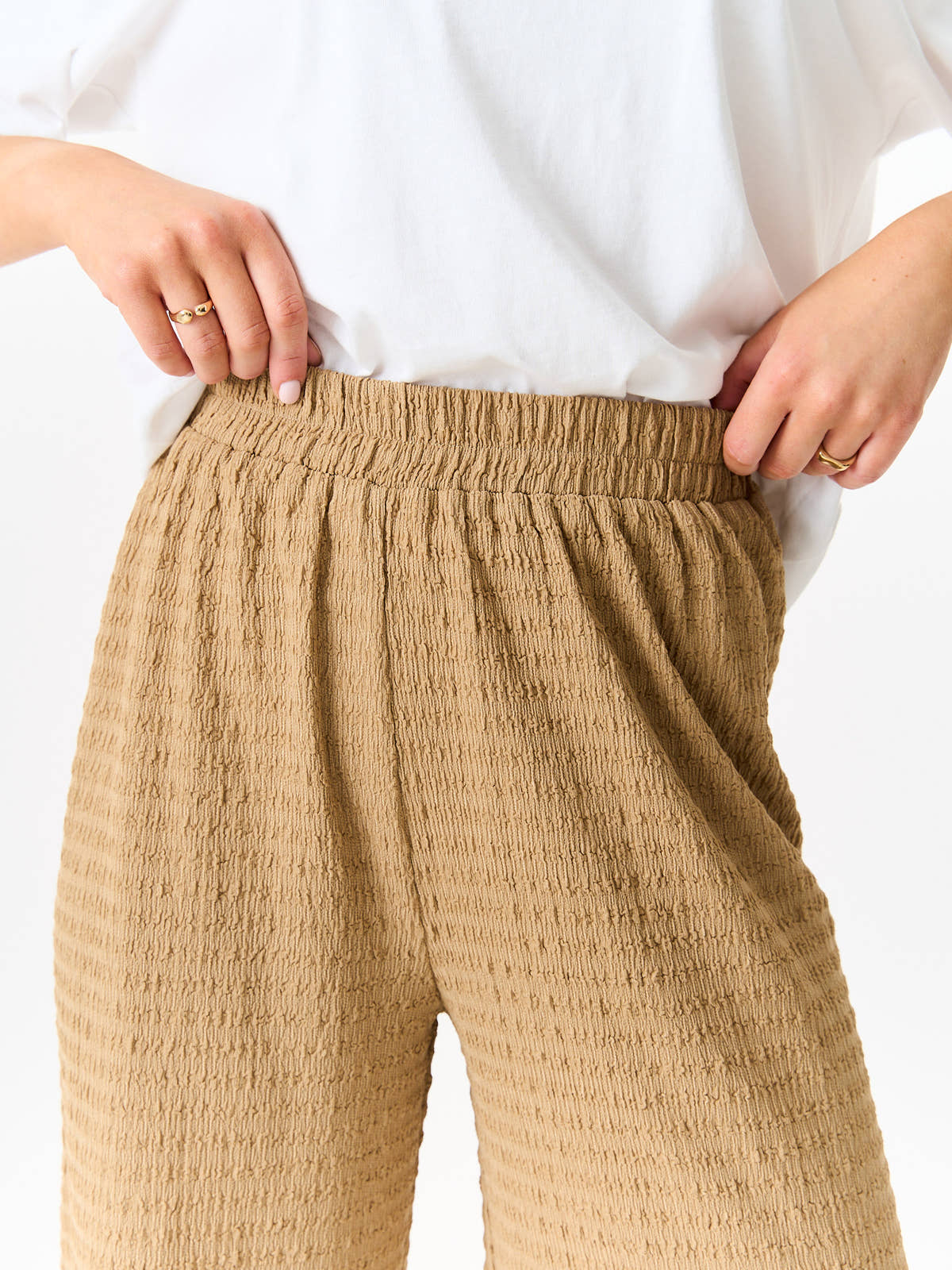 Camel Textured Elastic Waist Pull On Trousers – View 3 | Gini London