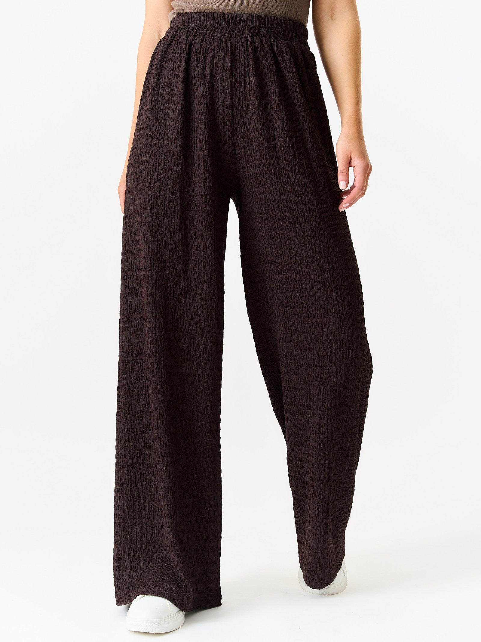 Chocolate Textured Elastic Waist Pull On Trousers