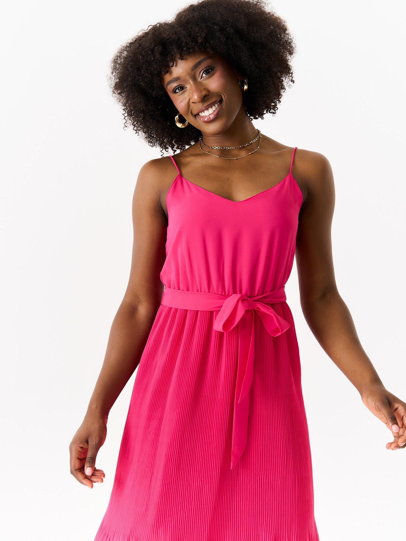 Pink Cami Top Pleated Midi Dress