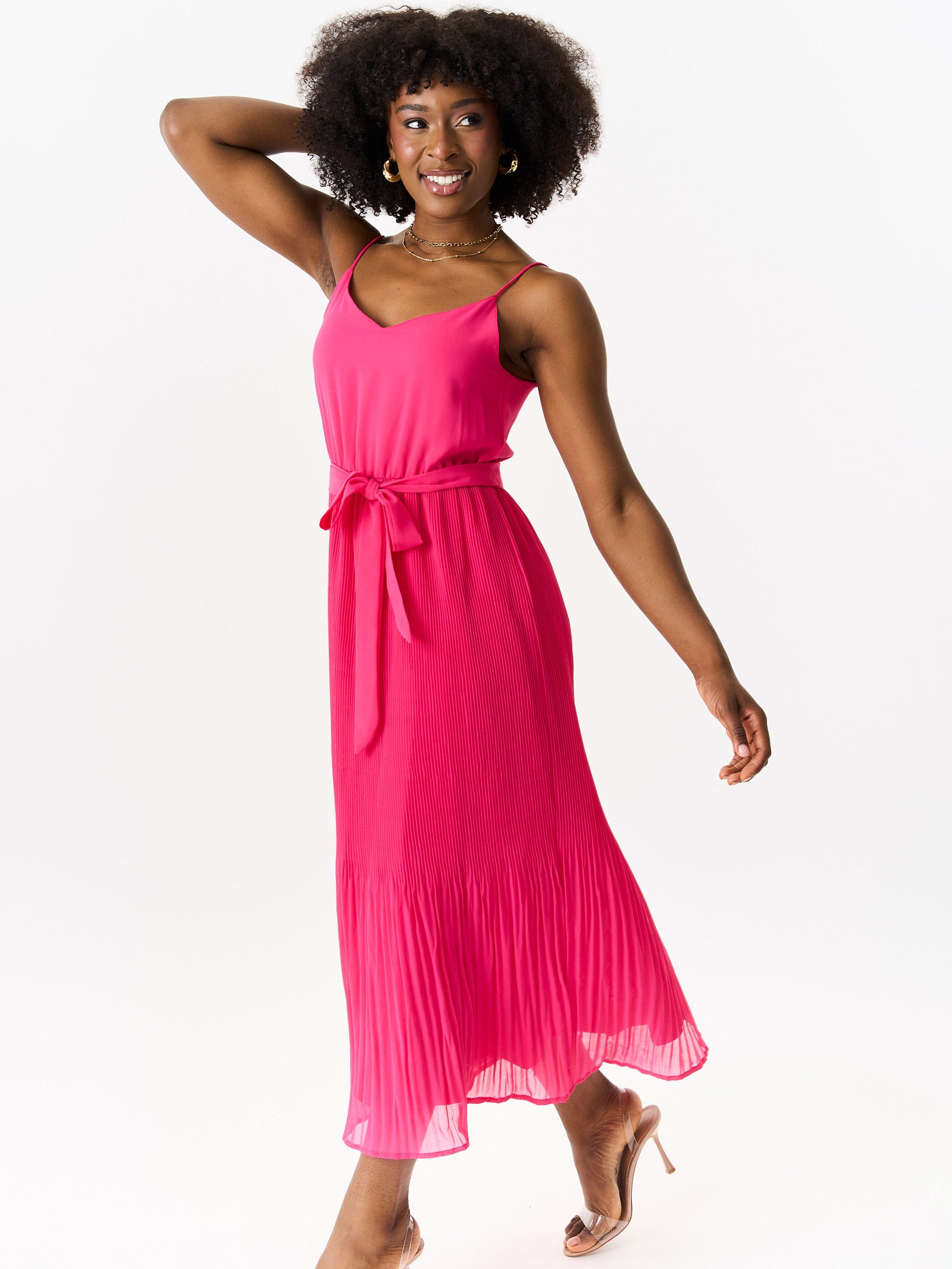 Pink Cami Top Pleated Midi Dress