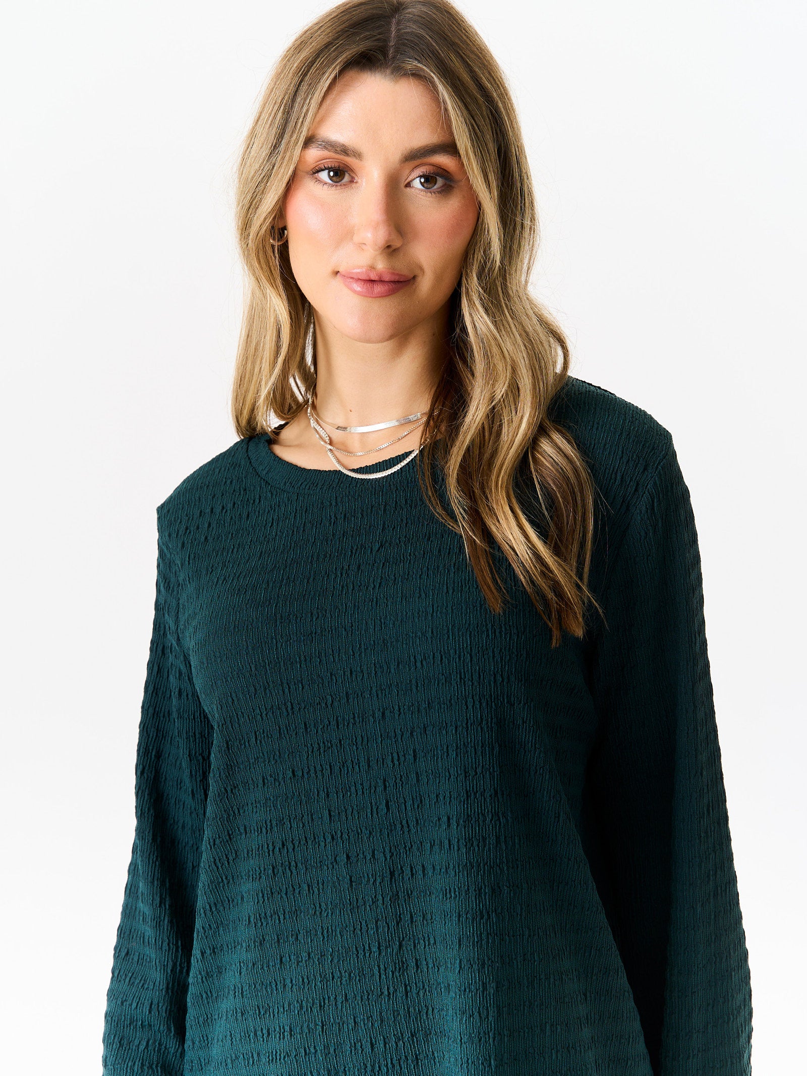 Bottle Green Textured Long Sleeves Oversized Top