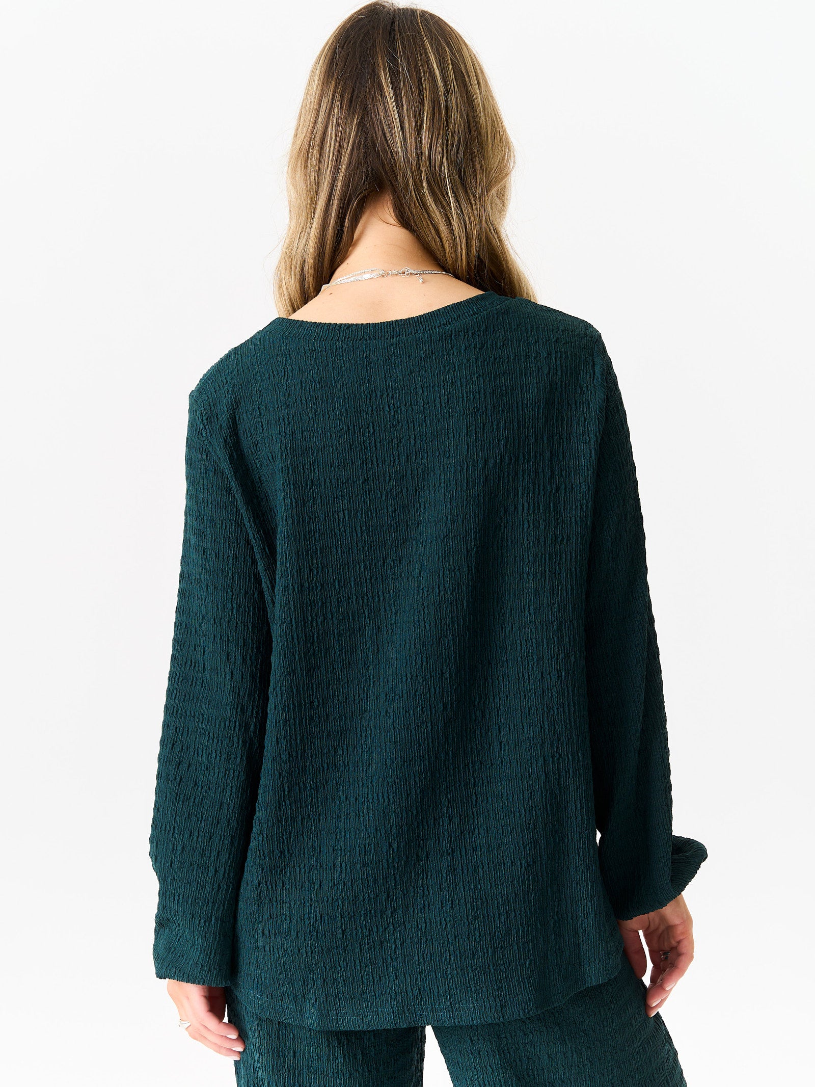 Bottle Green Textured Long Sleeves Oversized Top