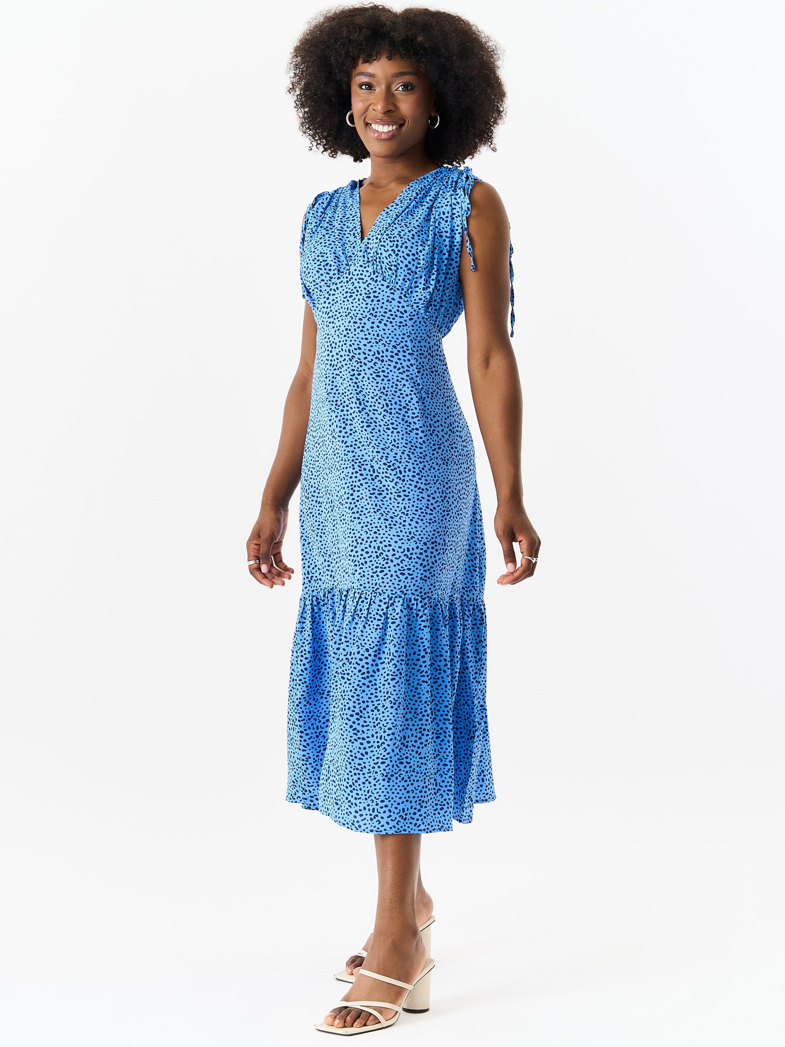 Blue Animal Print Ruched Sleeves Midi Dress