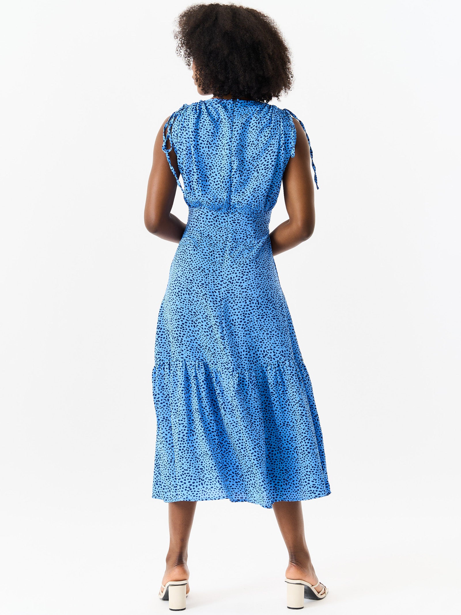 Blue Animal Print Ruched Sleeves Midi Dress