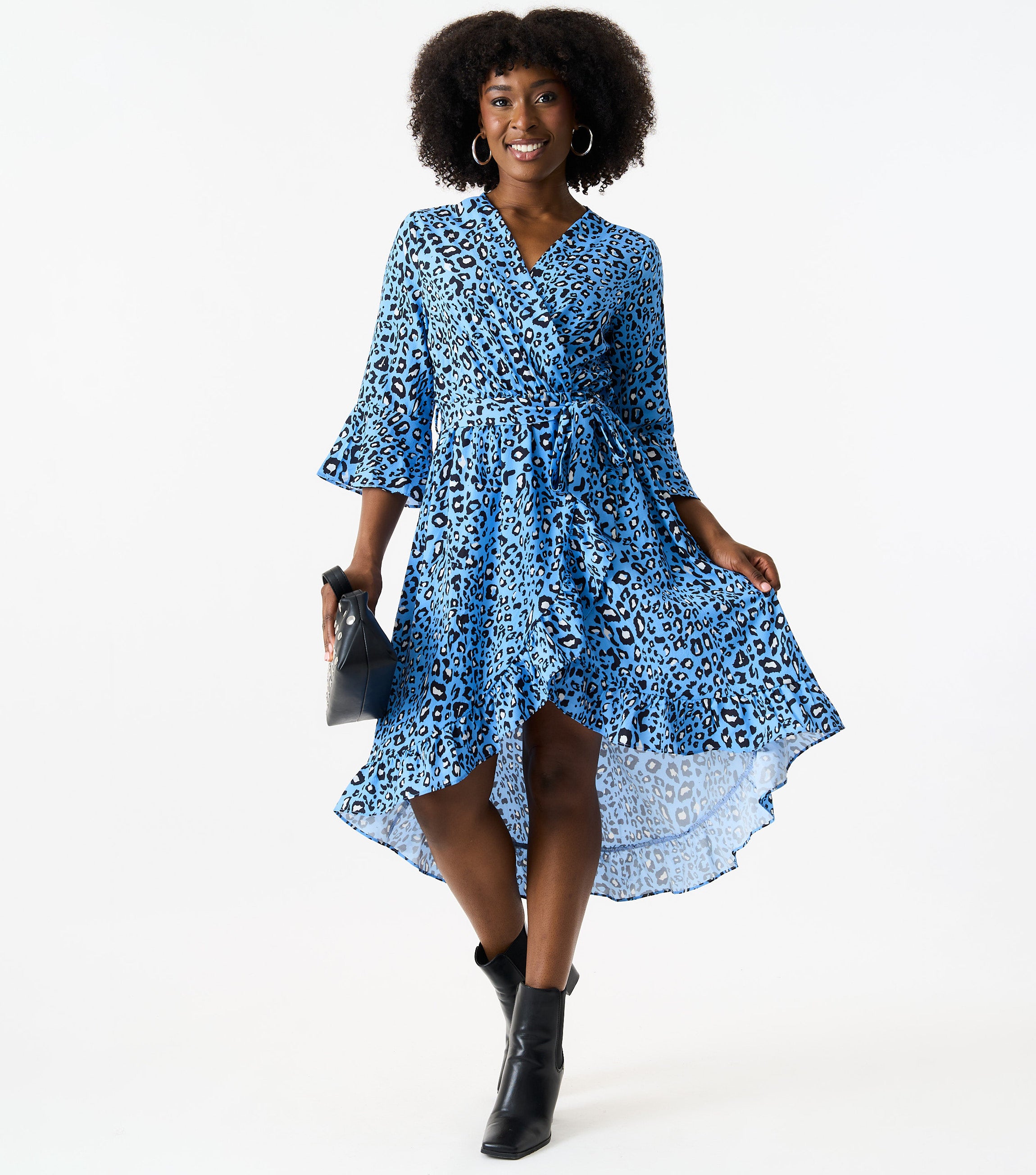 Blue Animal Print Asymmetrical Hem Midi Dress