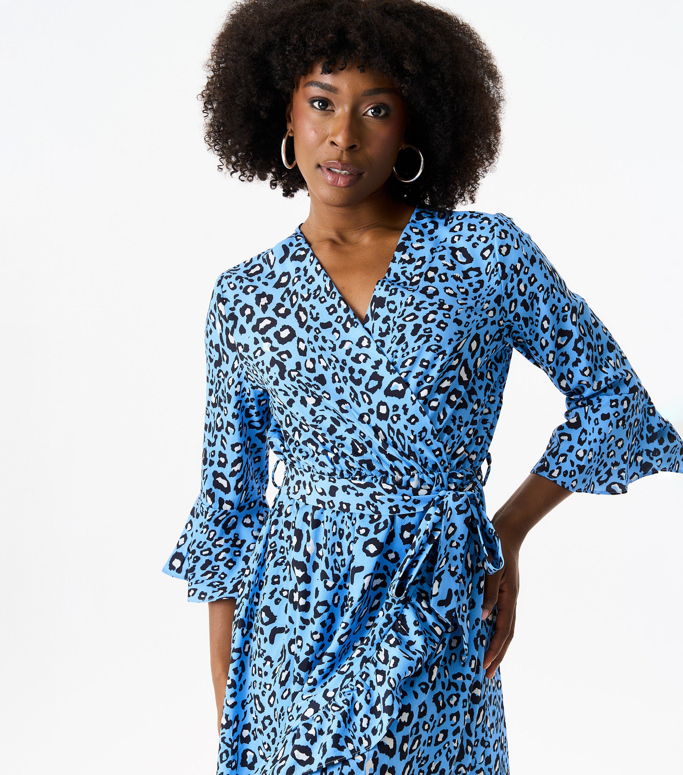 Blue Animal Print Asymmetrical Hem Midi Dress