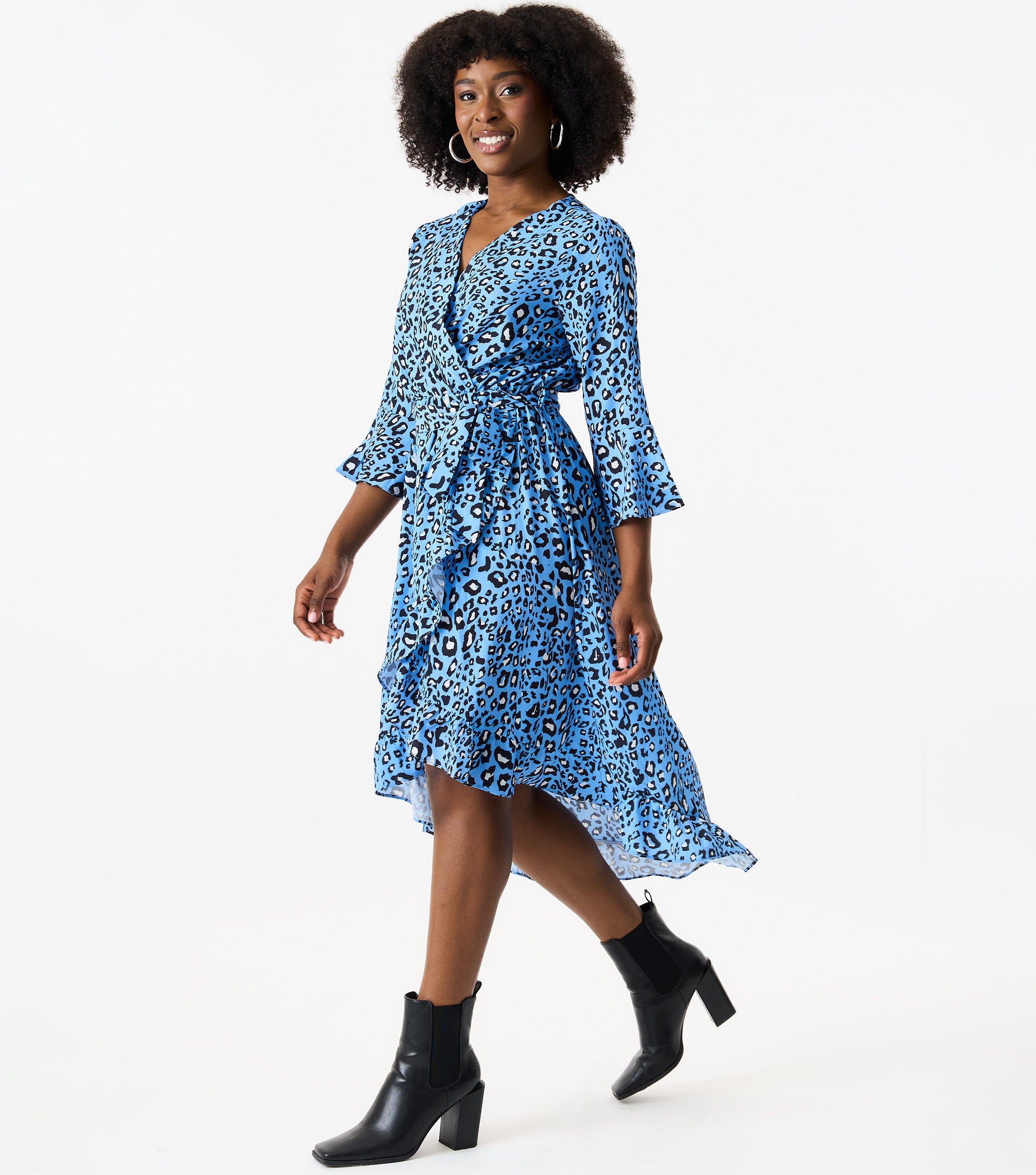 Blue Animal Print Asymmetrical Hem Midi Dress