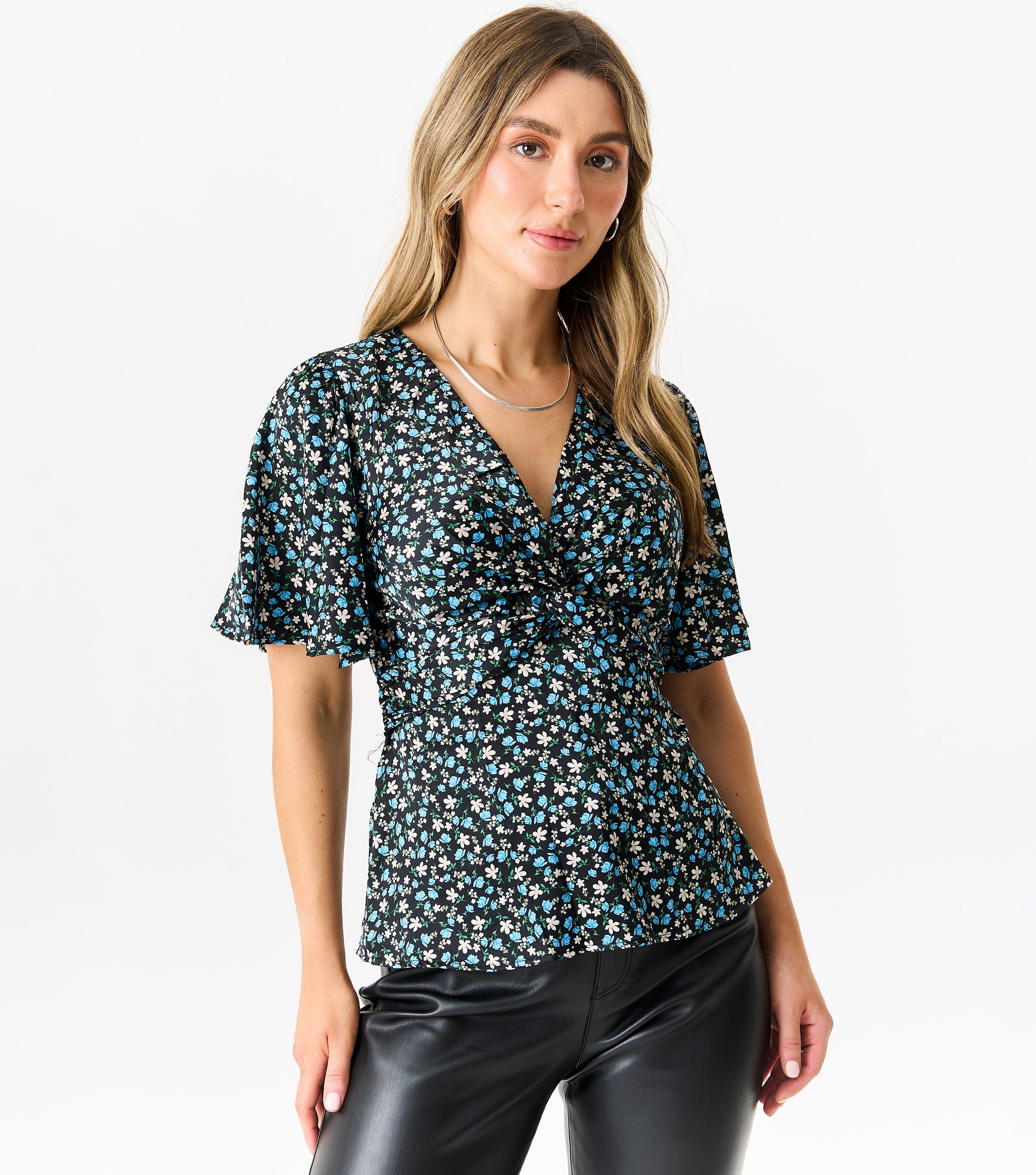 Blue Rose Print Twist Front Top