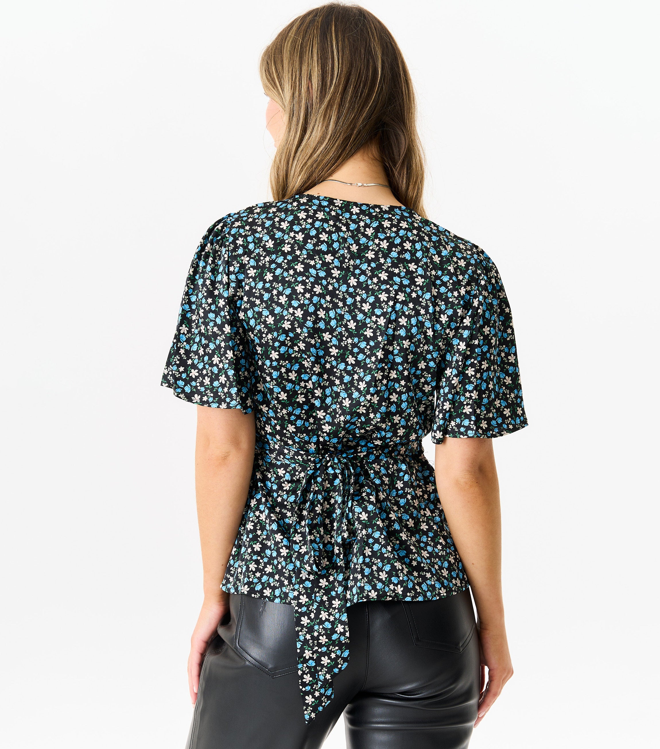 Blue Rose Print Twist Front Top