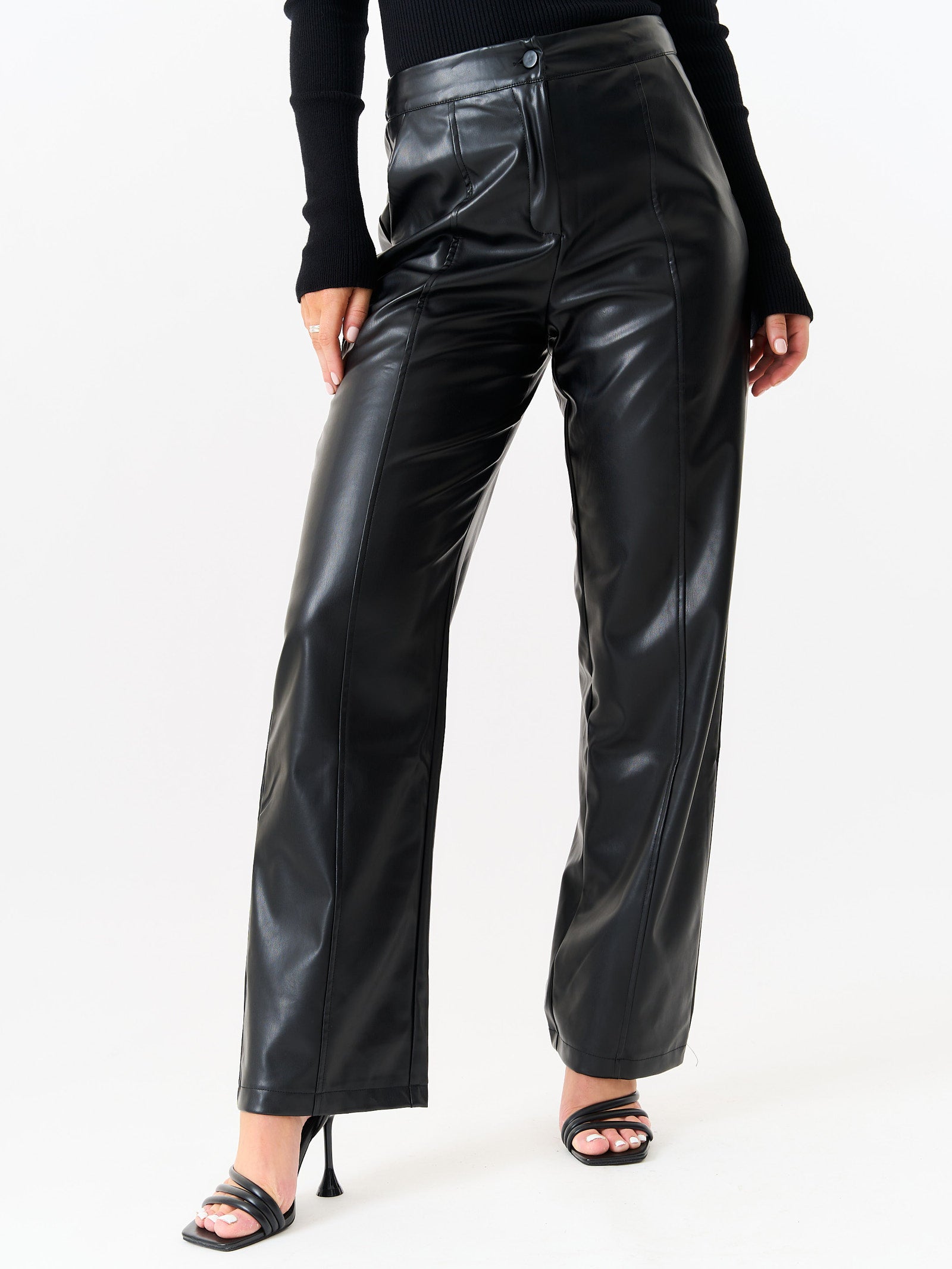 Black Faux Leather Wide Leg Trousers