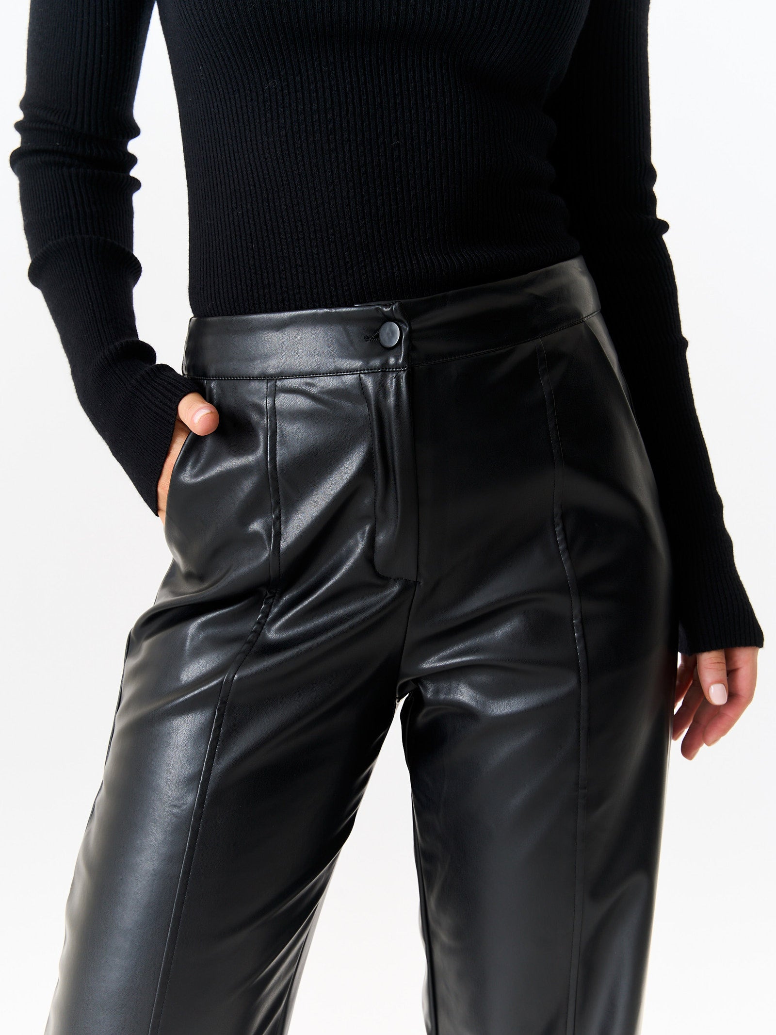 Black Faux Leather Wide Leg Trousers