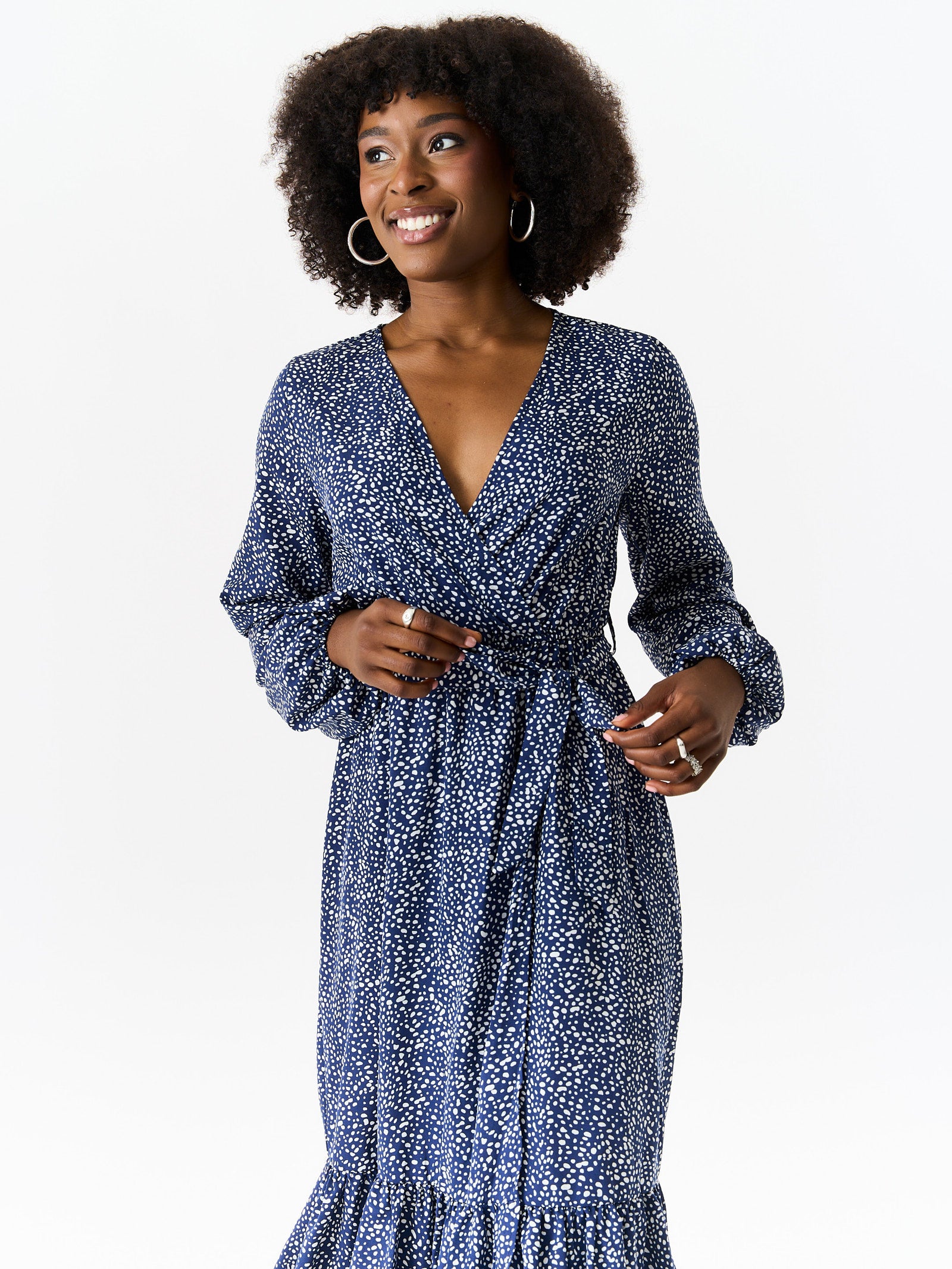 Navy Animal Printed Long Sleeve Split Detail Midi Wrap Dress