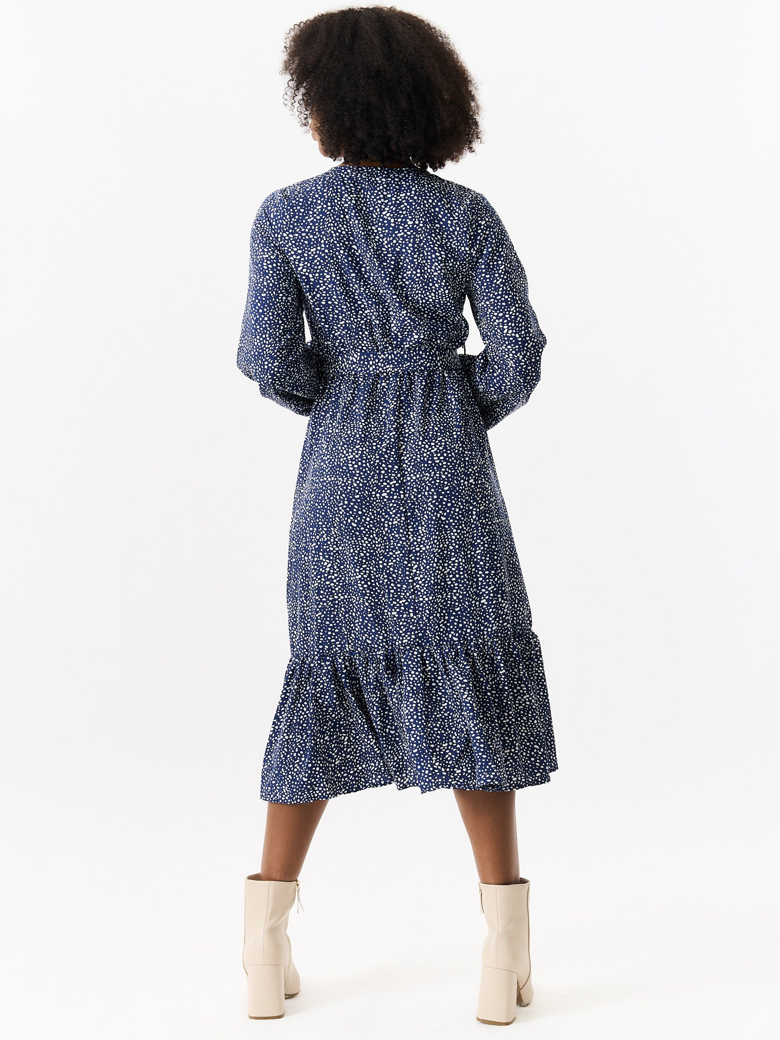 Navy Animal Printed Long Sleeve Split Detail Midi Wrap Dress