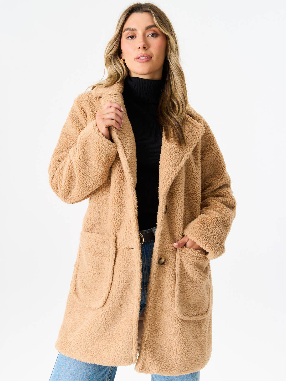 Camel Faux Fur Longline Teddy Overcoat – View 2 | Gini London