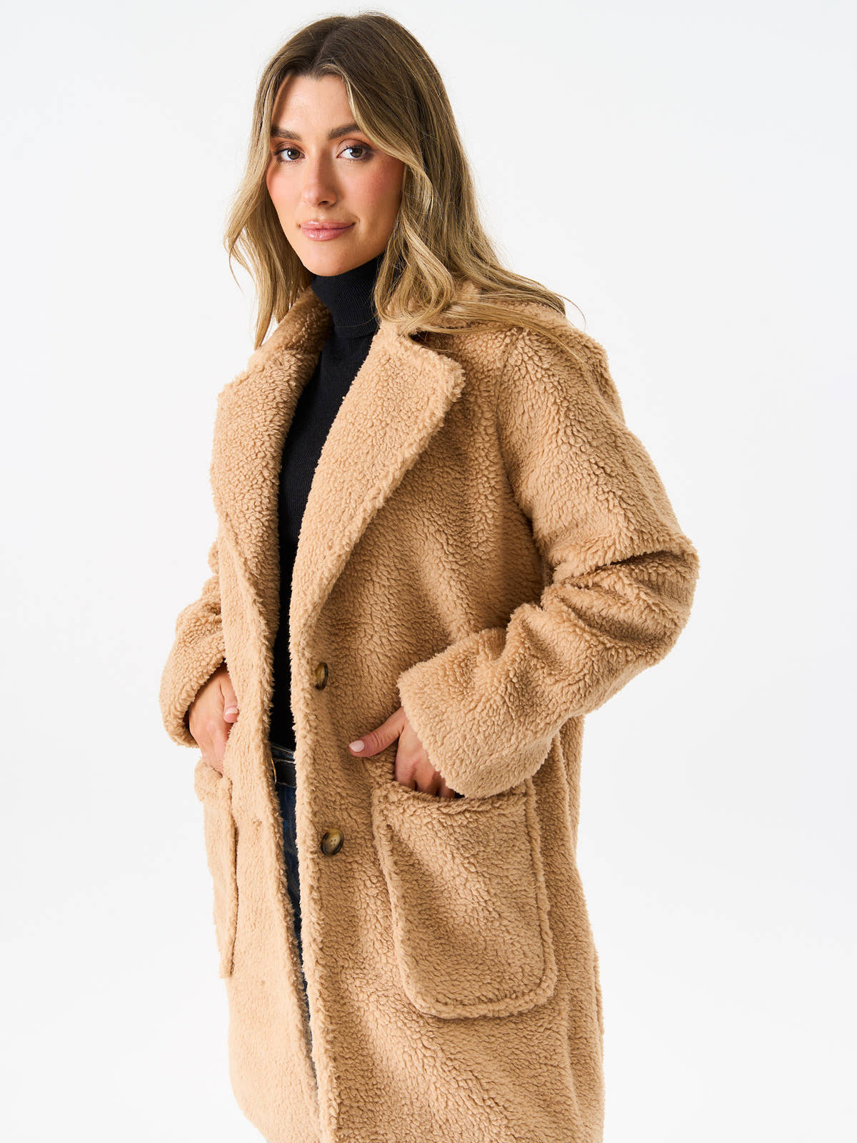 Camel Faux Fur Longline Teddy Overcoat – View 3 | Gini London