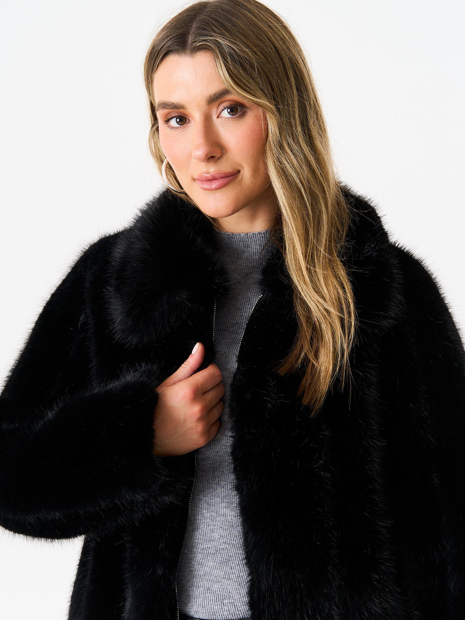 Black Zip Front Faux Fur Short Jacket