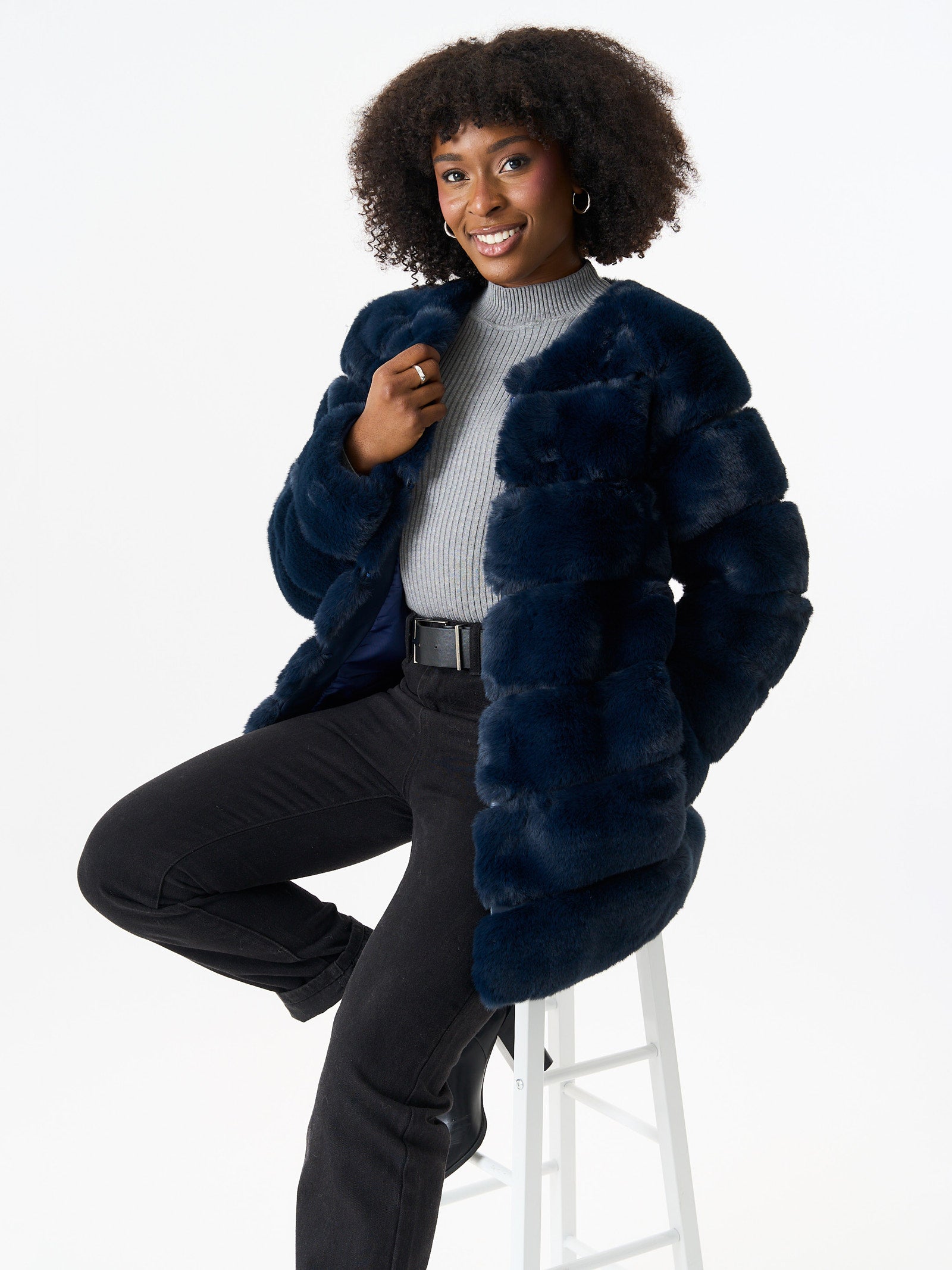 Navy Diagonal Cut Faux Fur Long Sleeve Jacket