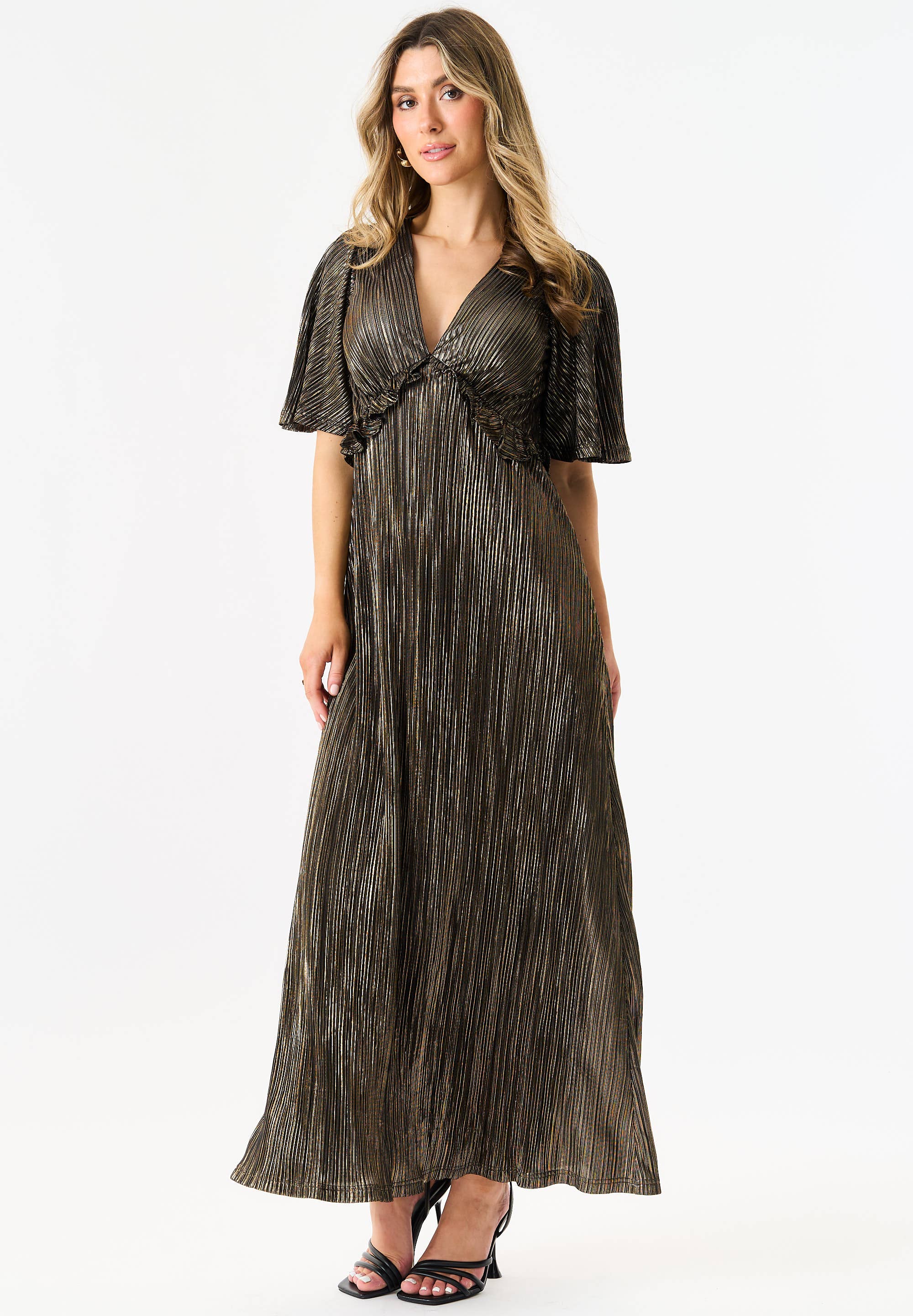 Black Metallic Plisse Maxi Dress
