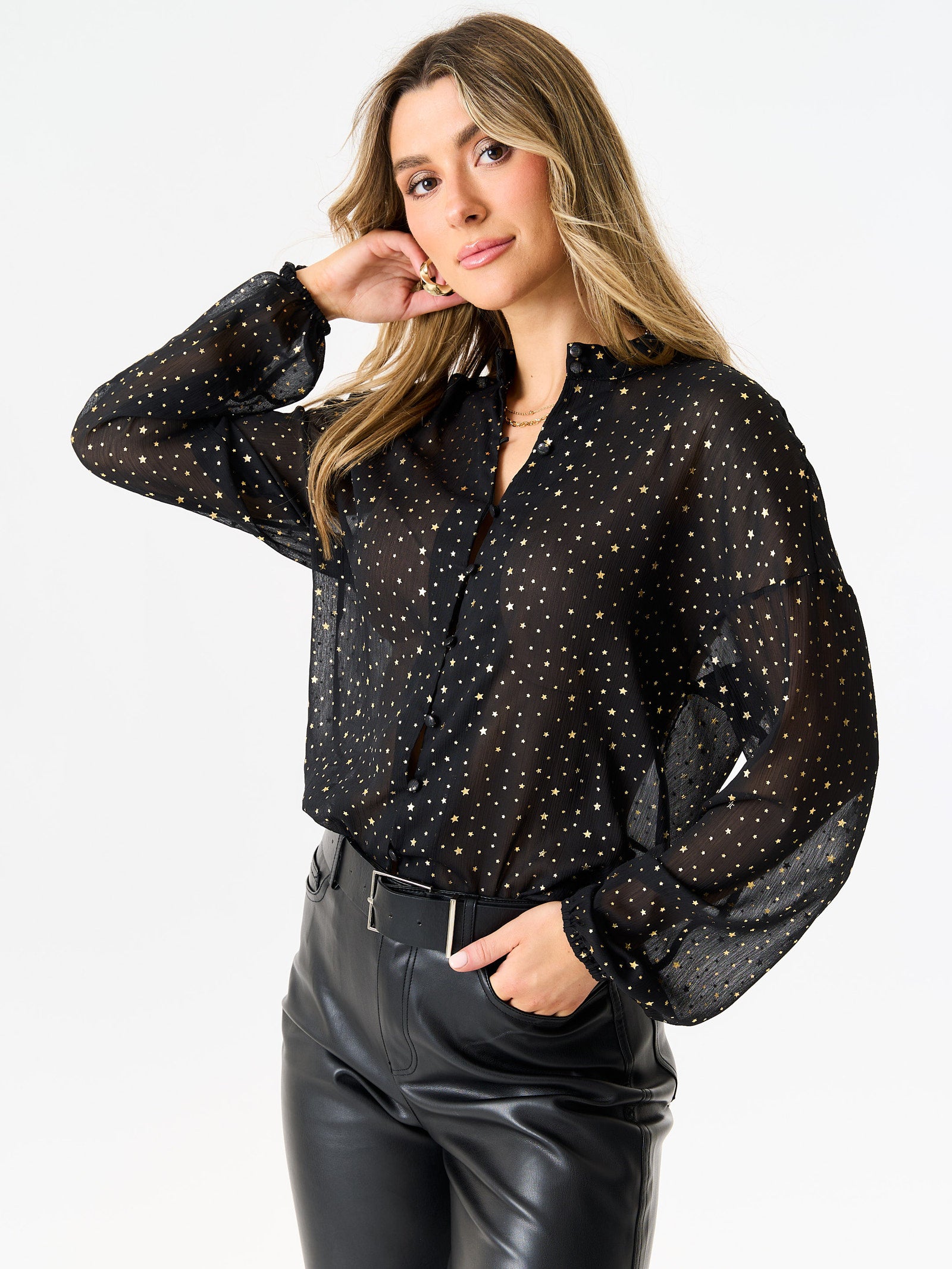 Black Star Print Button Through Blouse