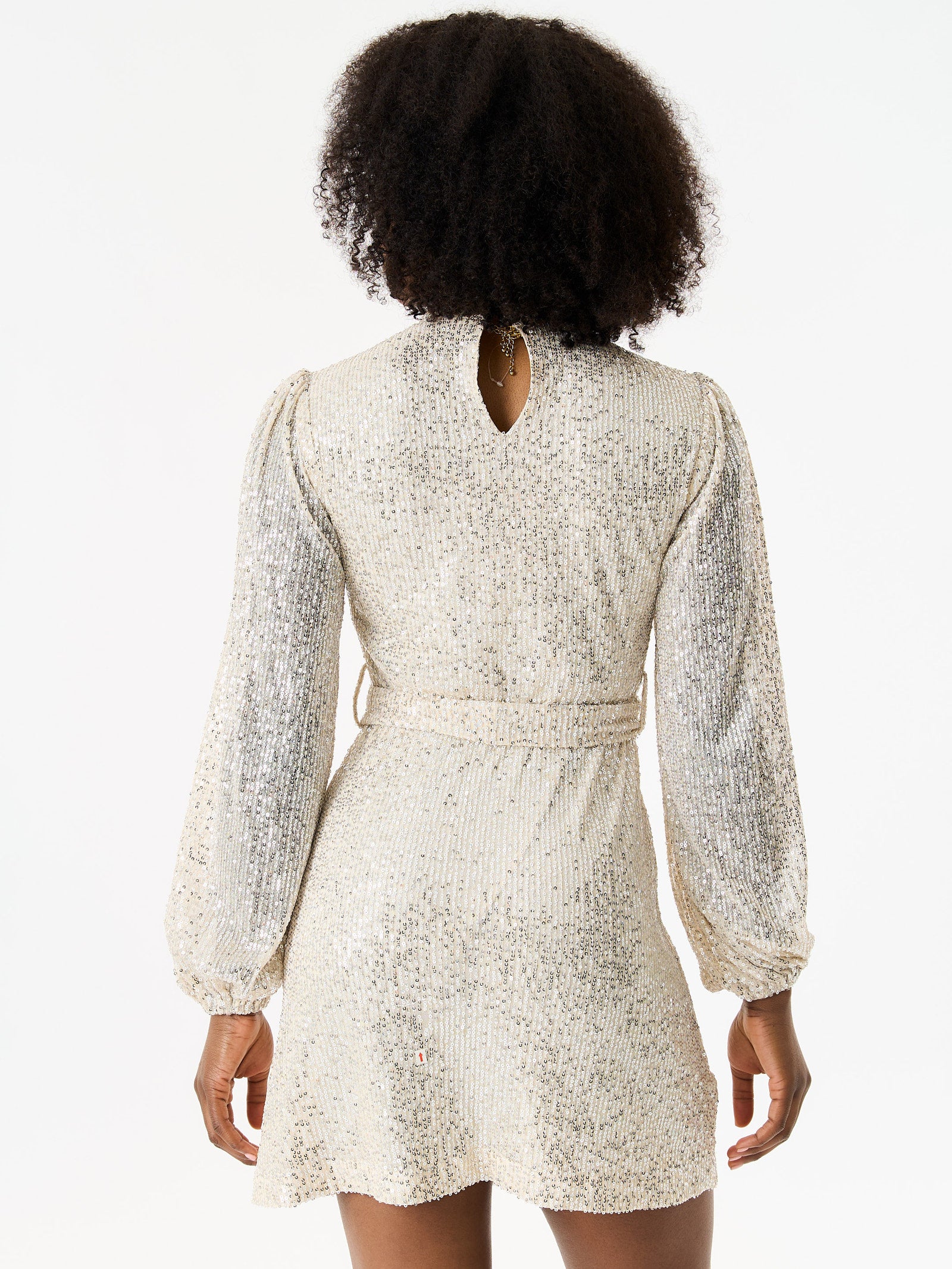 Cream High Neck Long Sleeves Belted Sequin Dress