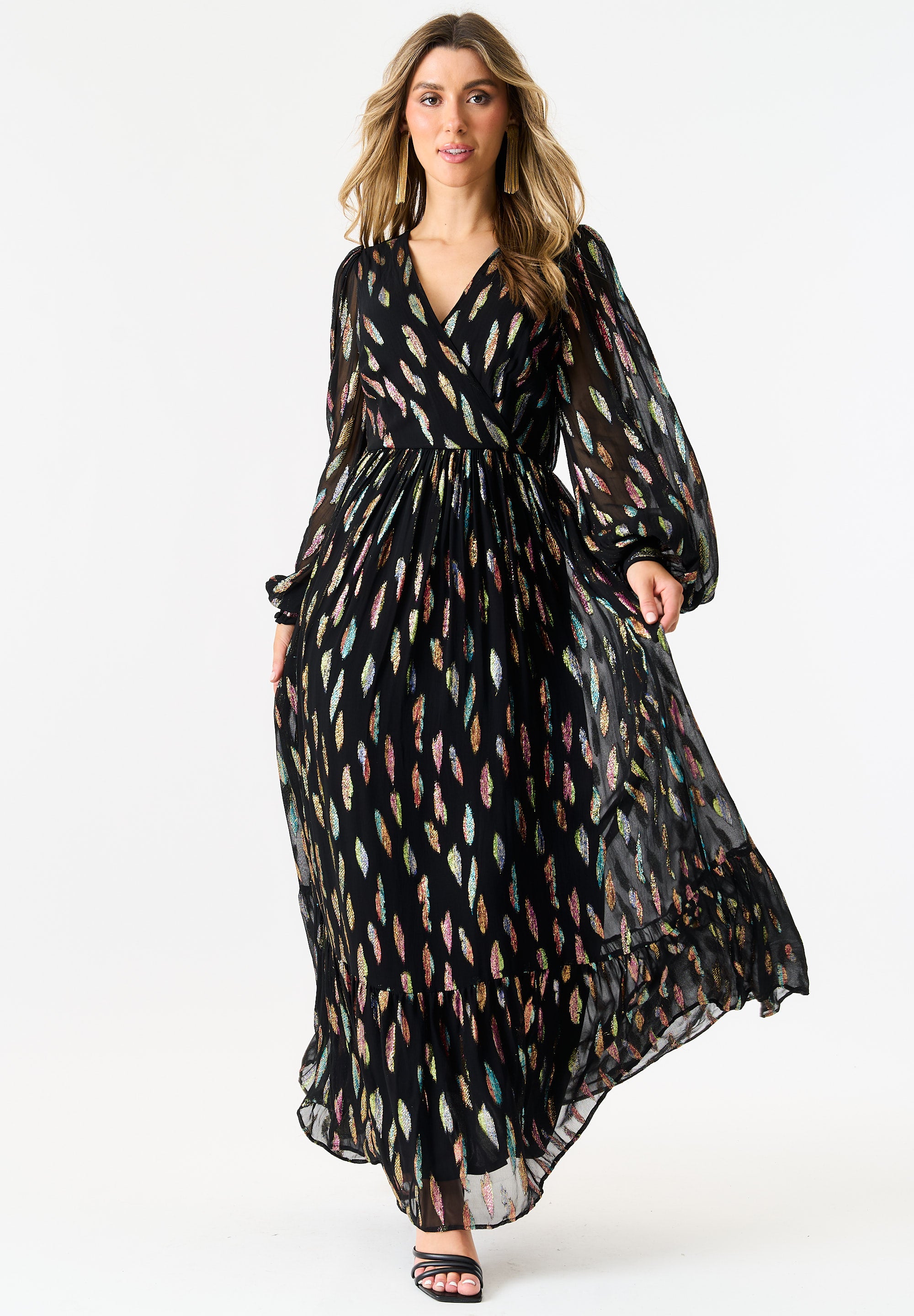 Black Metallic Print Full Sleeve Maxi Dress