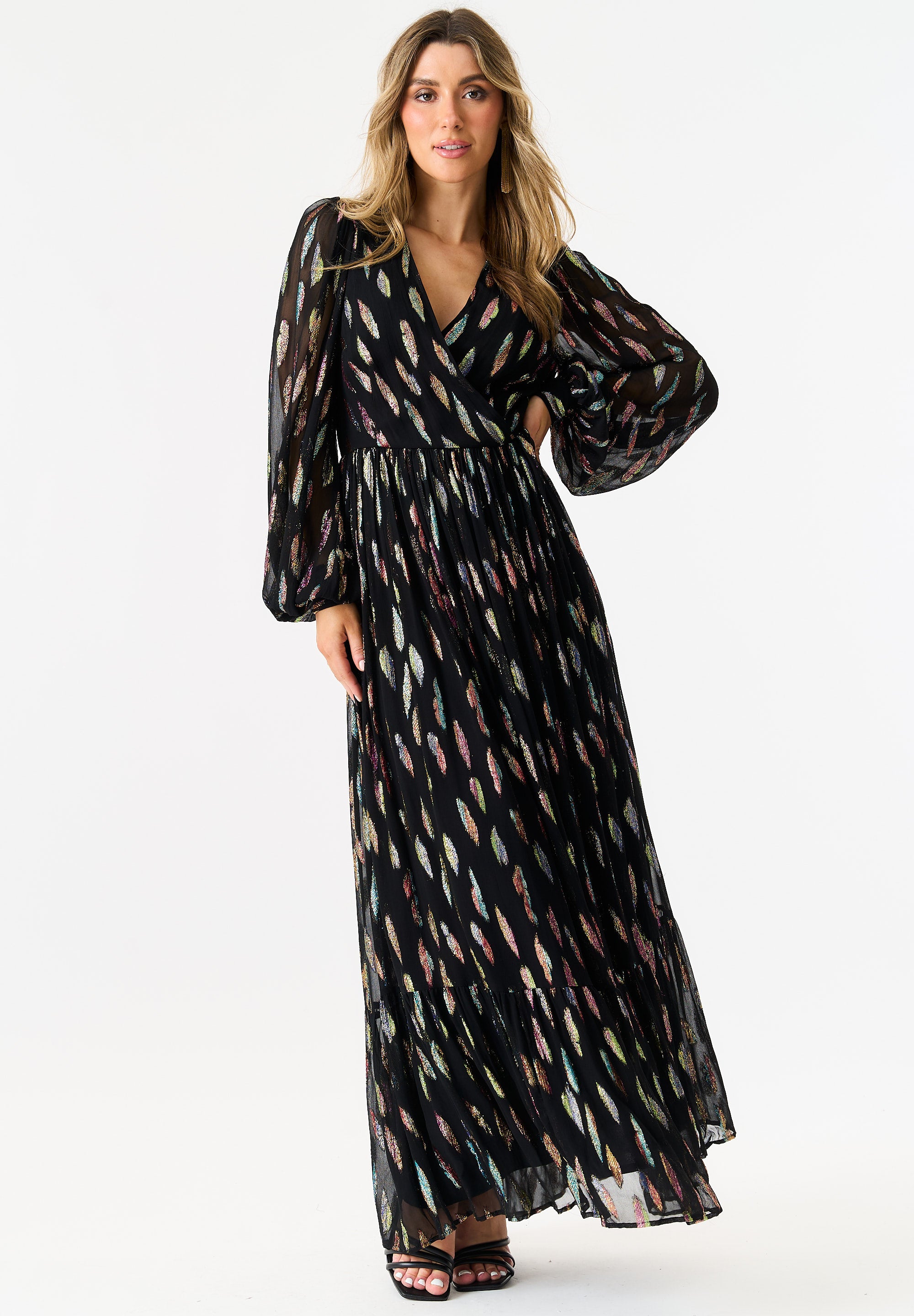 Black Metallic Print Full Sleeve Maxi Dress