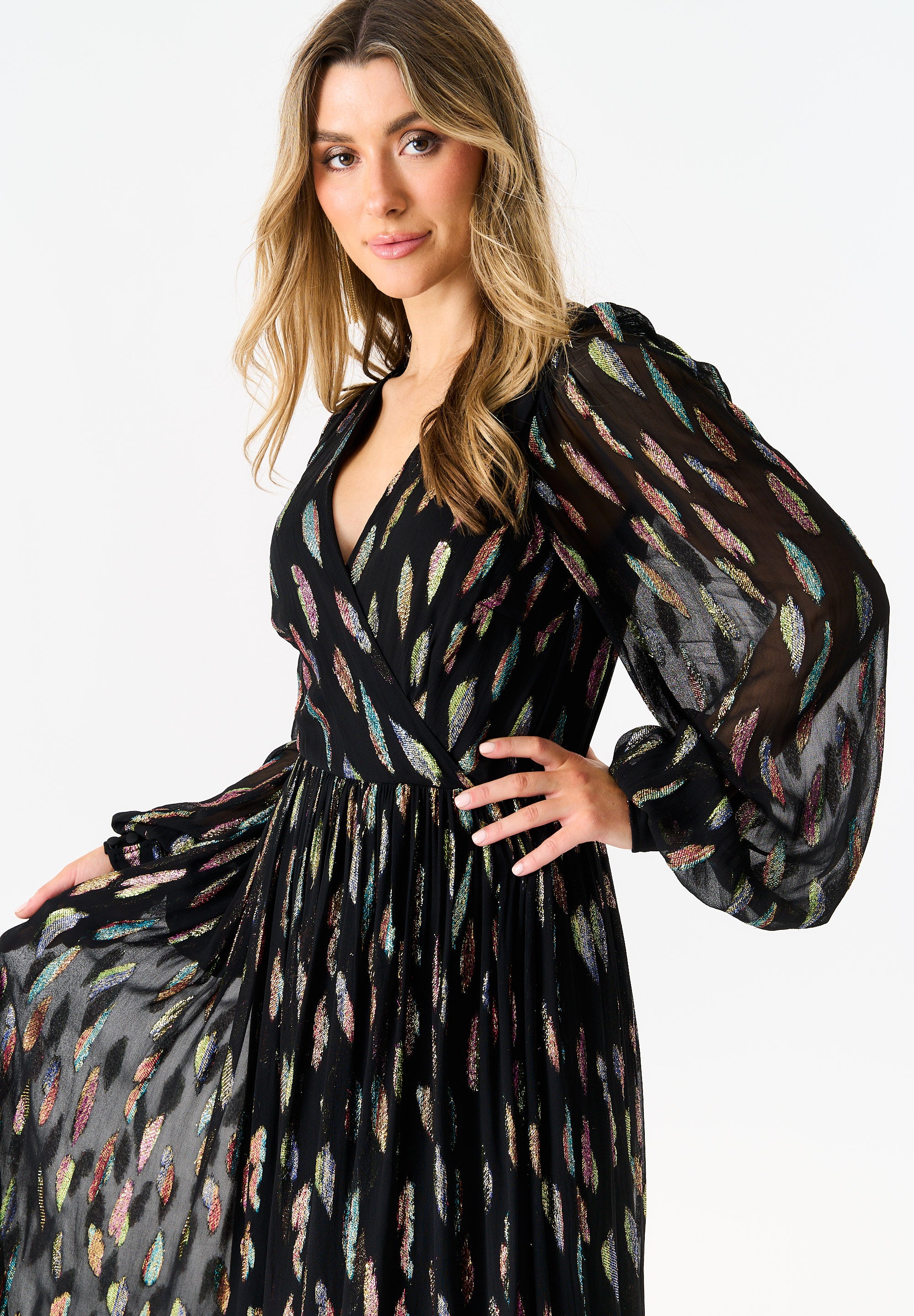 Black Metallic Print Full Sleeve Maxi Dress