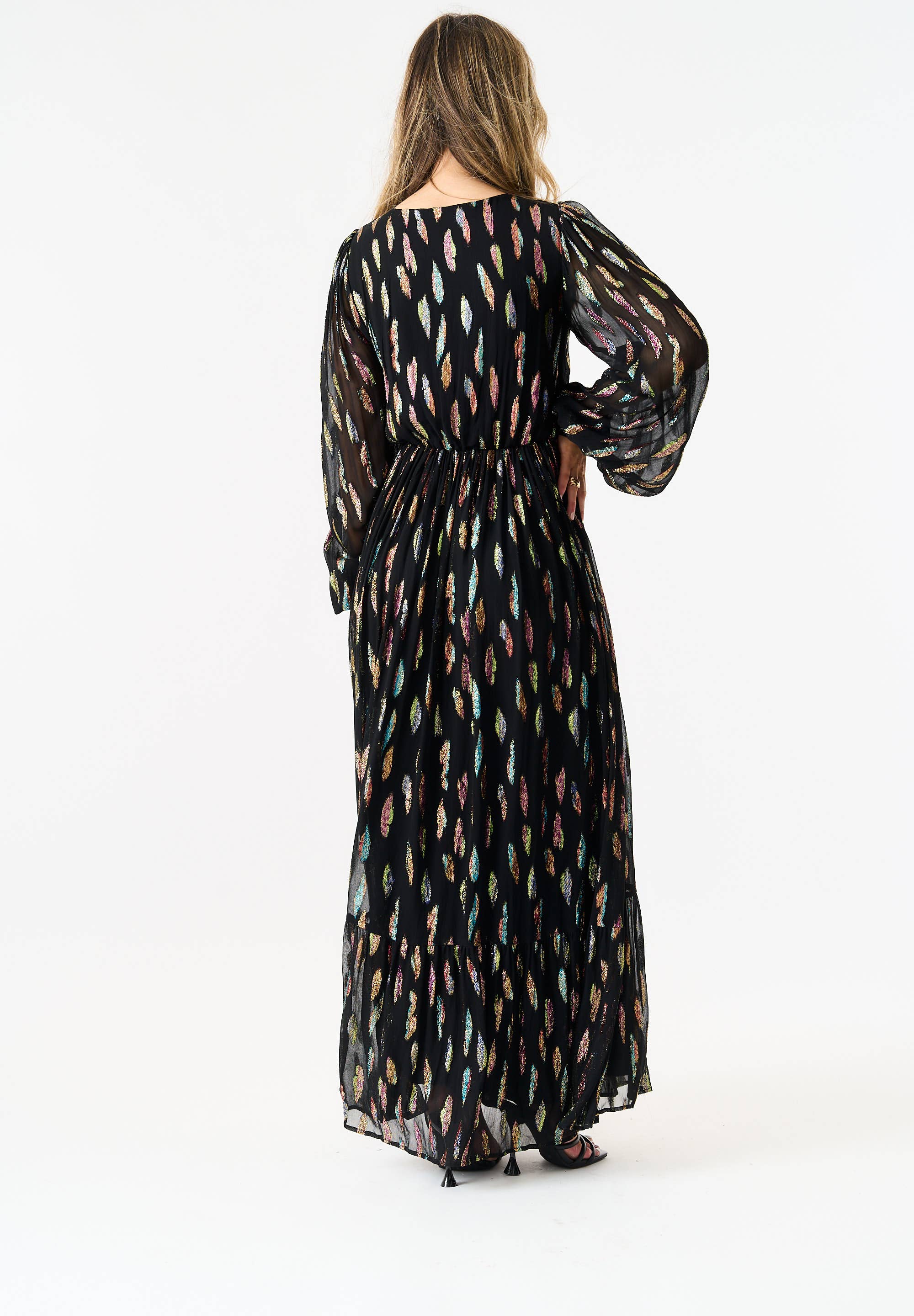 Black Metallic Print Full Sleeve Maxi Dress