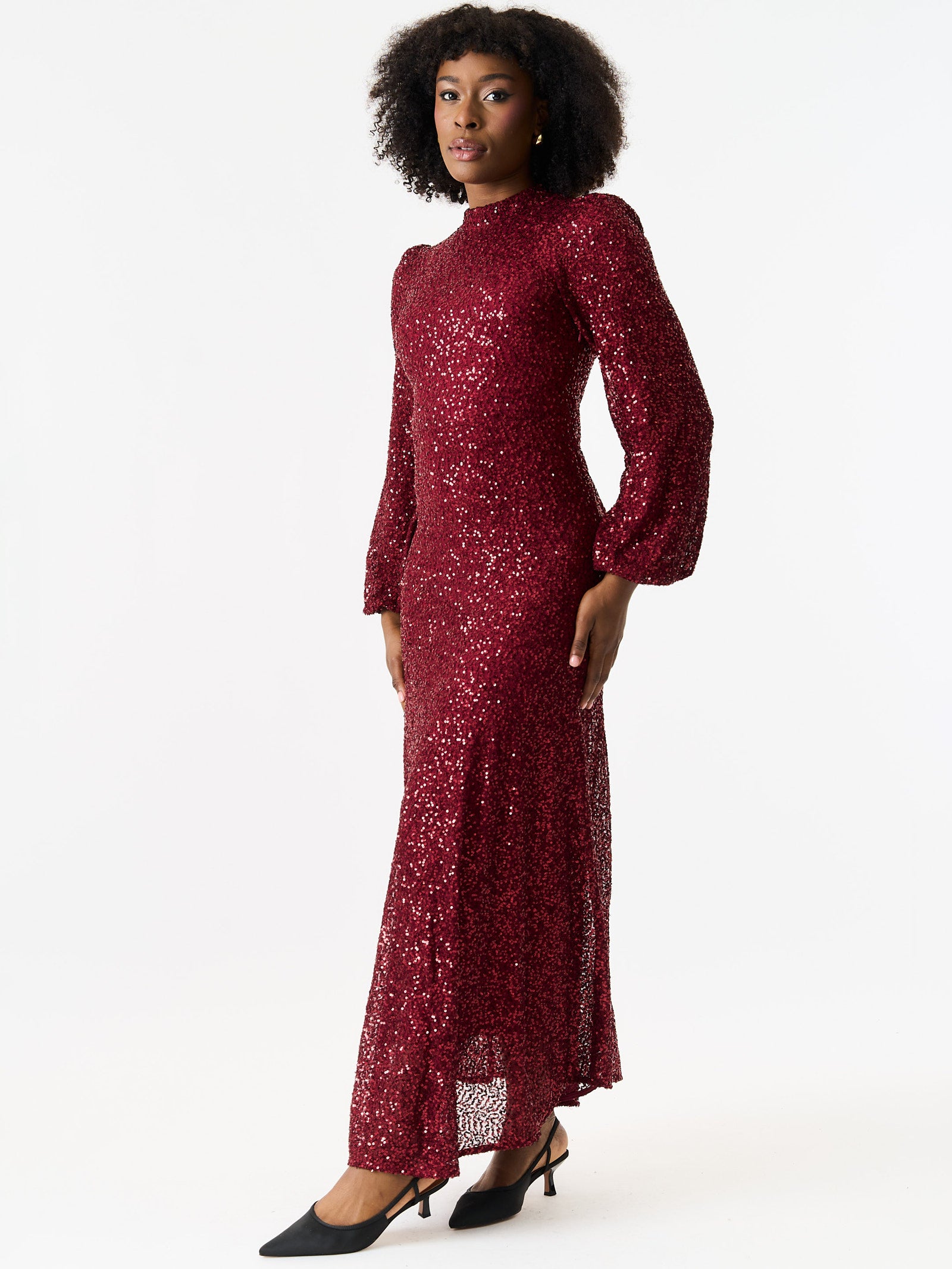 Burgundy Sequin High Neck Occasion Midi Dress