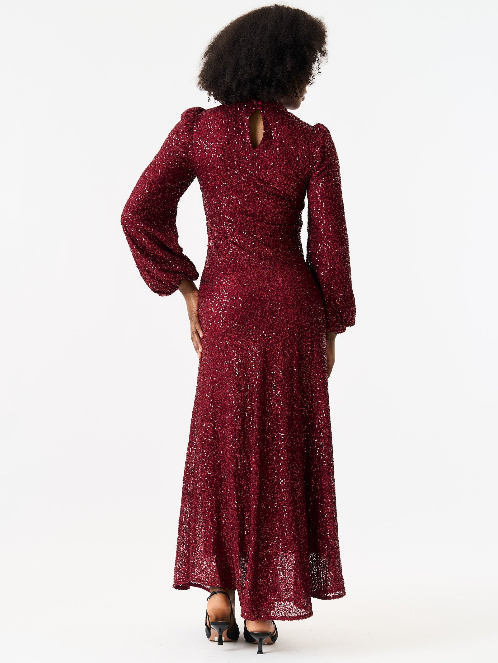 Burgundy Sequin High Neck Occasion Midi Dress