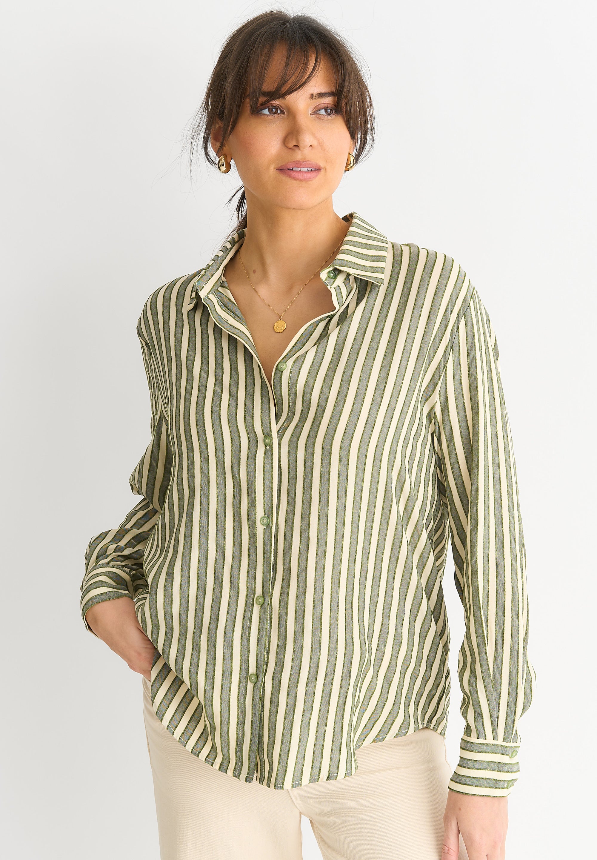 Khaki Stripe Viscose Oversized Shirt