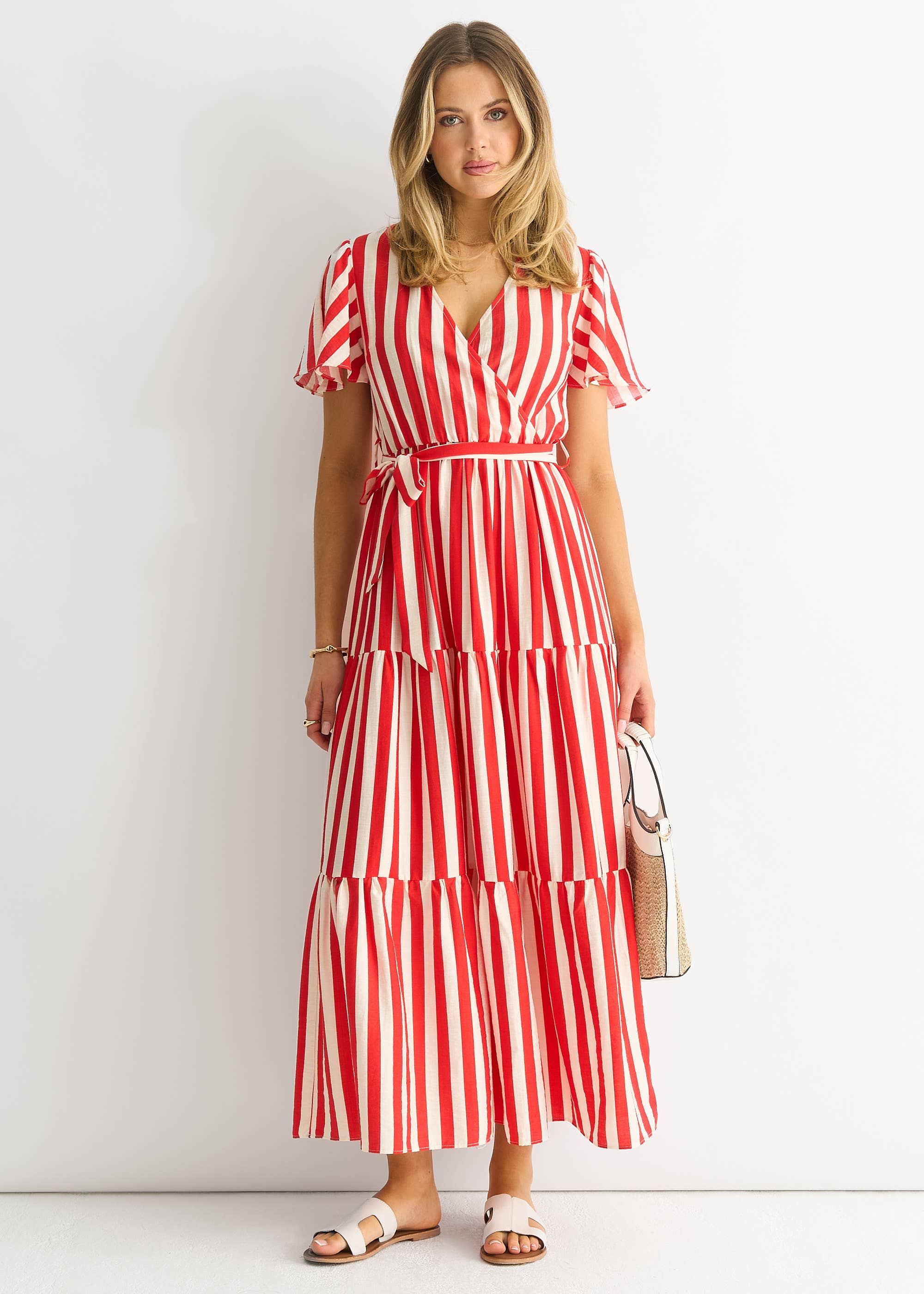 Red Stripe Wrap Belted Viscose Midi Dress