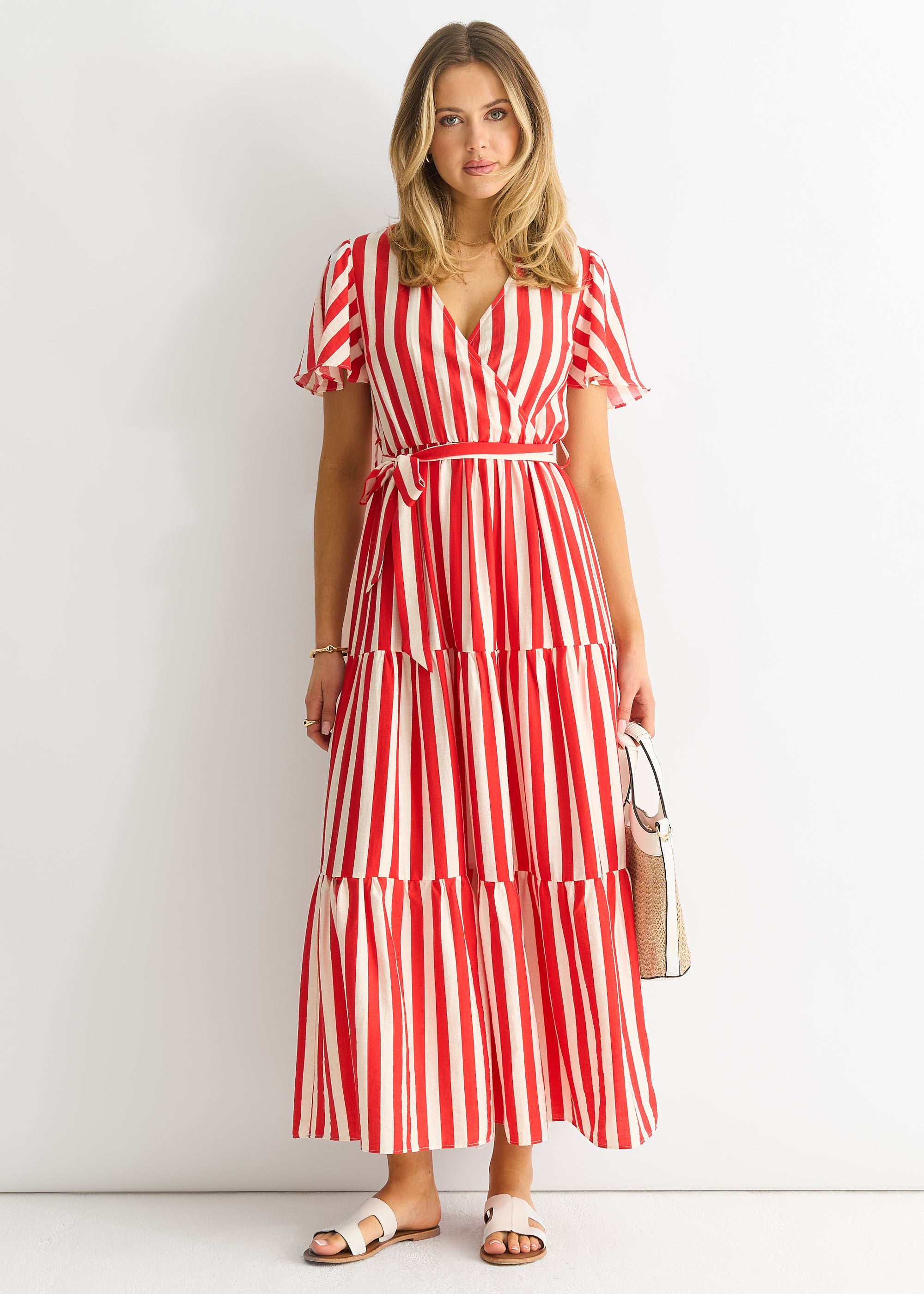 Stripe Wrap Belted Viscose Midi Dress