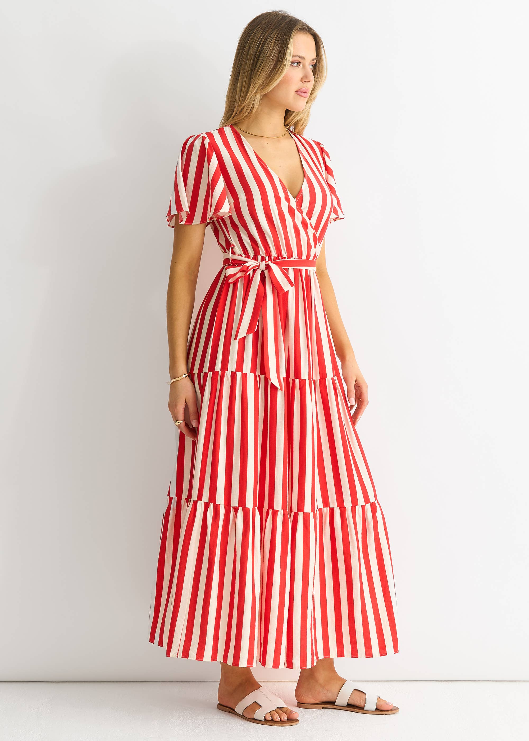 Red Stripe Wrap Belted Viscose Midi Dress
