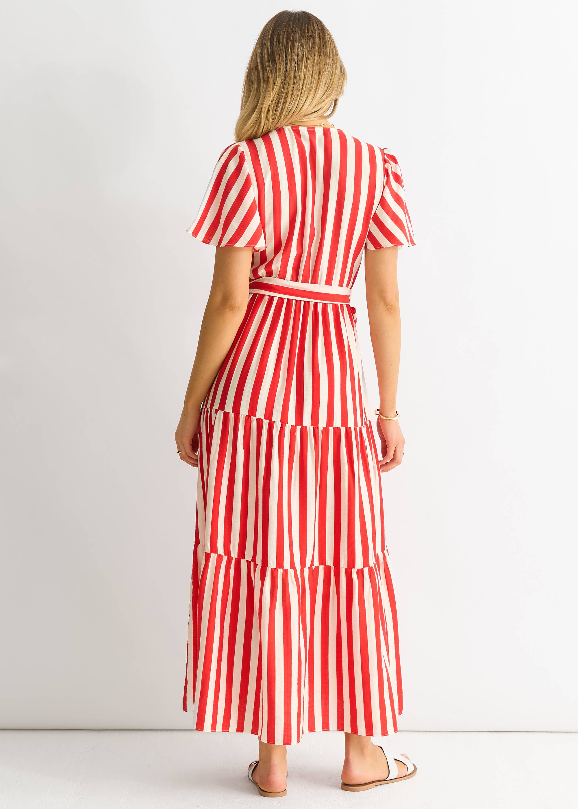 Red Stripe Wrap Belted Viscose Midi Dress
