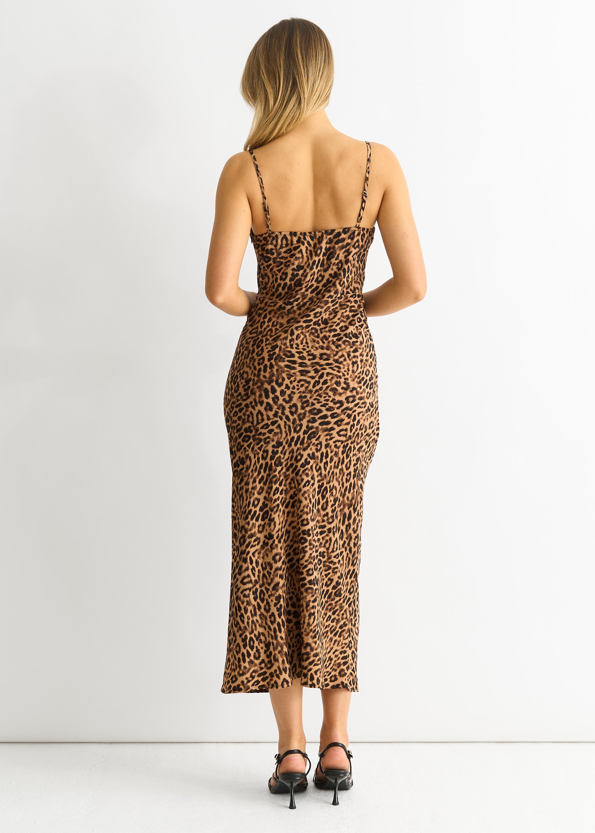 Brown Animal Print Cami Cowl Midi Dress