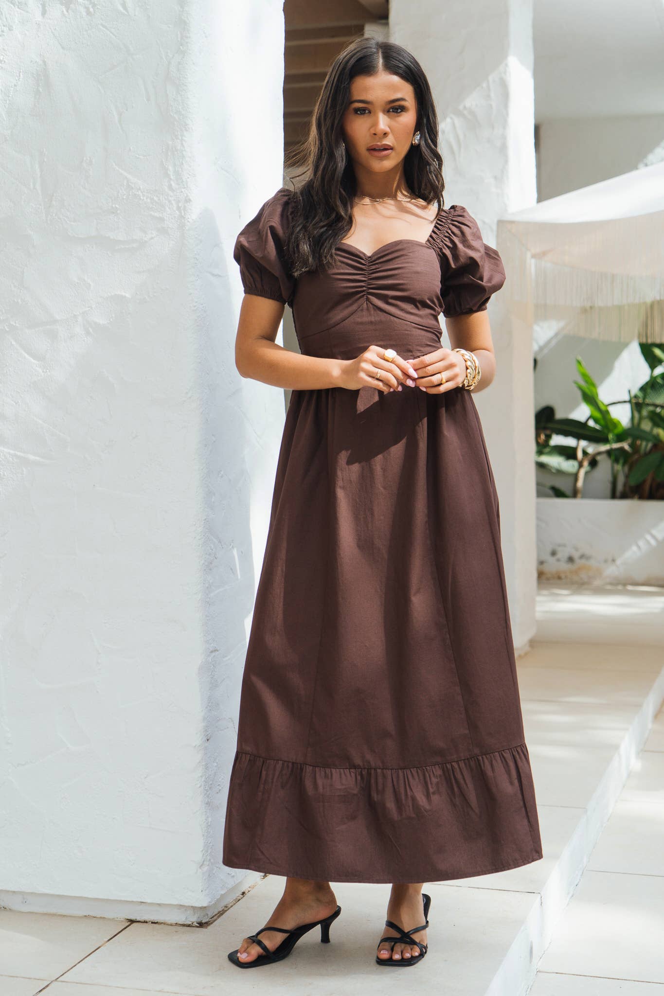 Brown Gypsy Puff Sleeves Midaxi Dress  Gini London