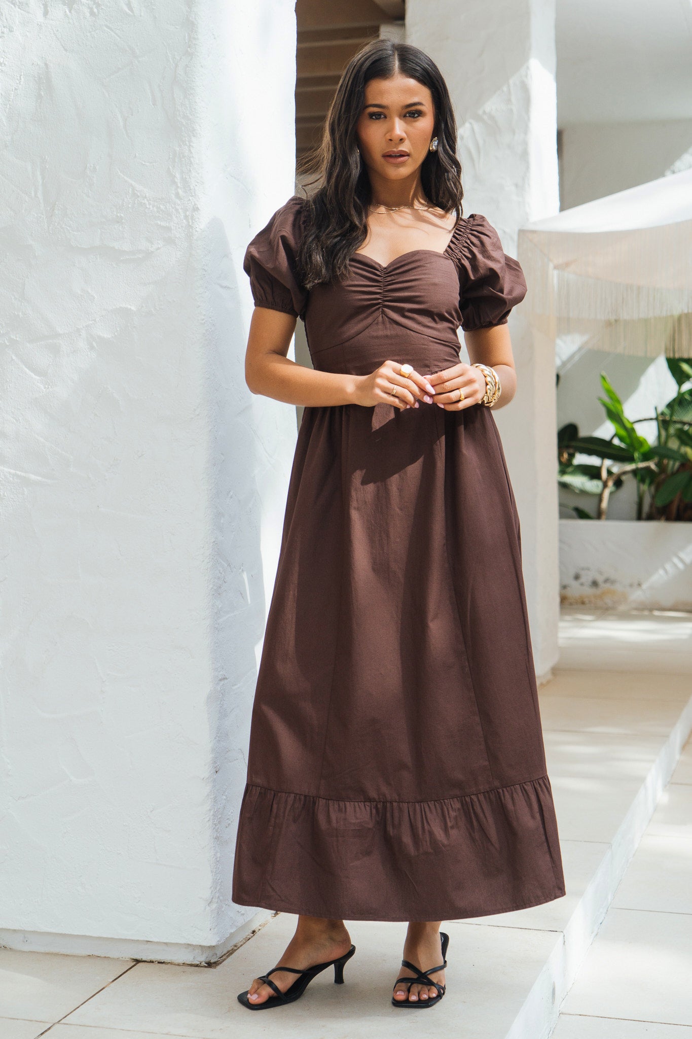 Brown Gypsy Puff Sleeves Midaxi Dress