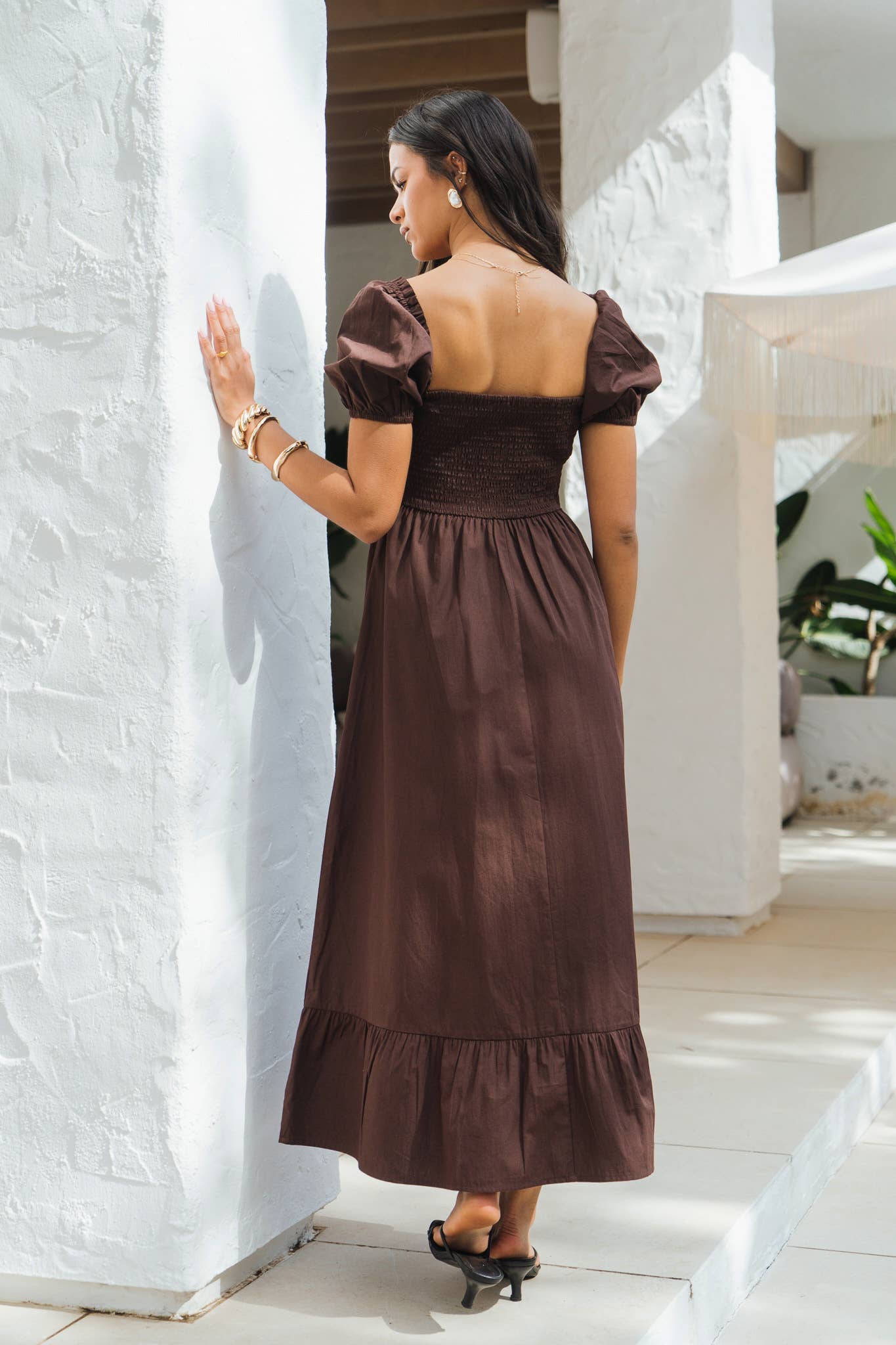 Brown Gypsy Puff Sleeves Midaxi Dress