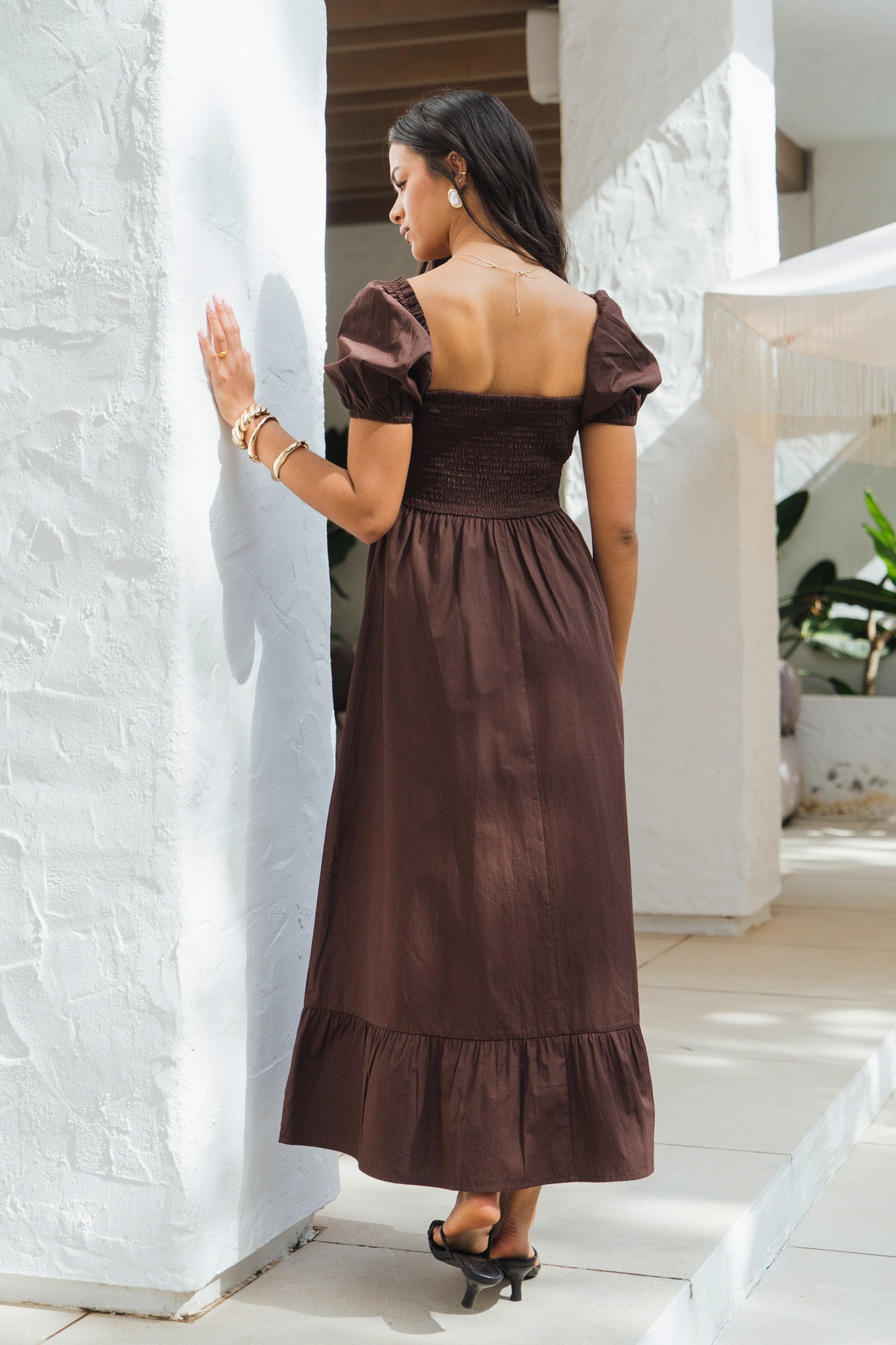 Brown Gypsy Puff Sleeves Midaxi Dress