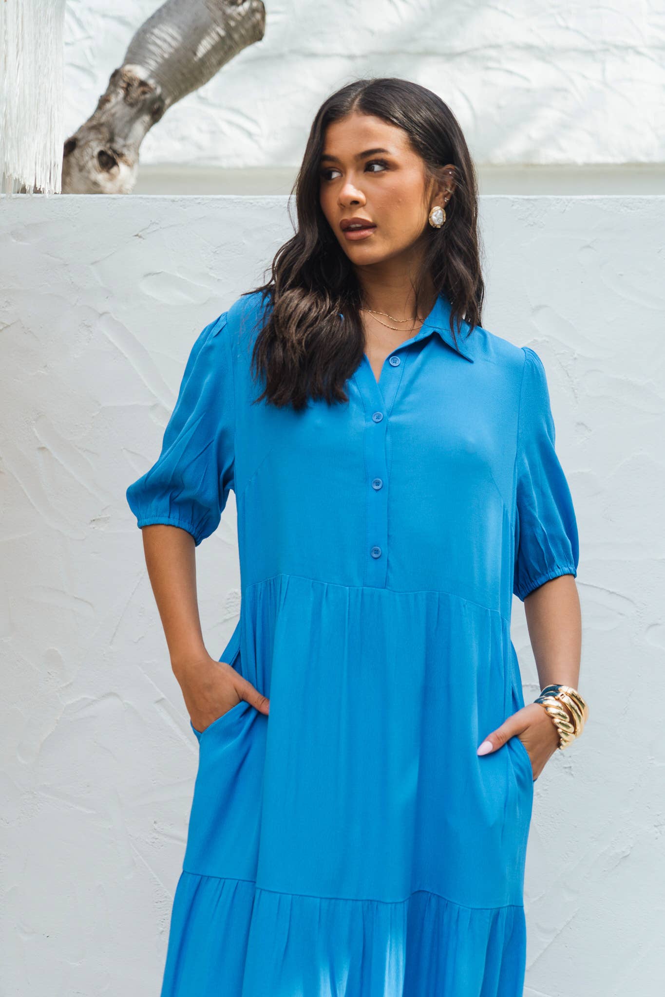 Blue Button Through Skater Maxi Dress